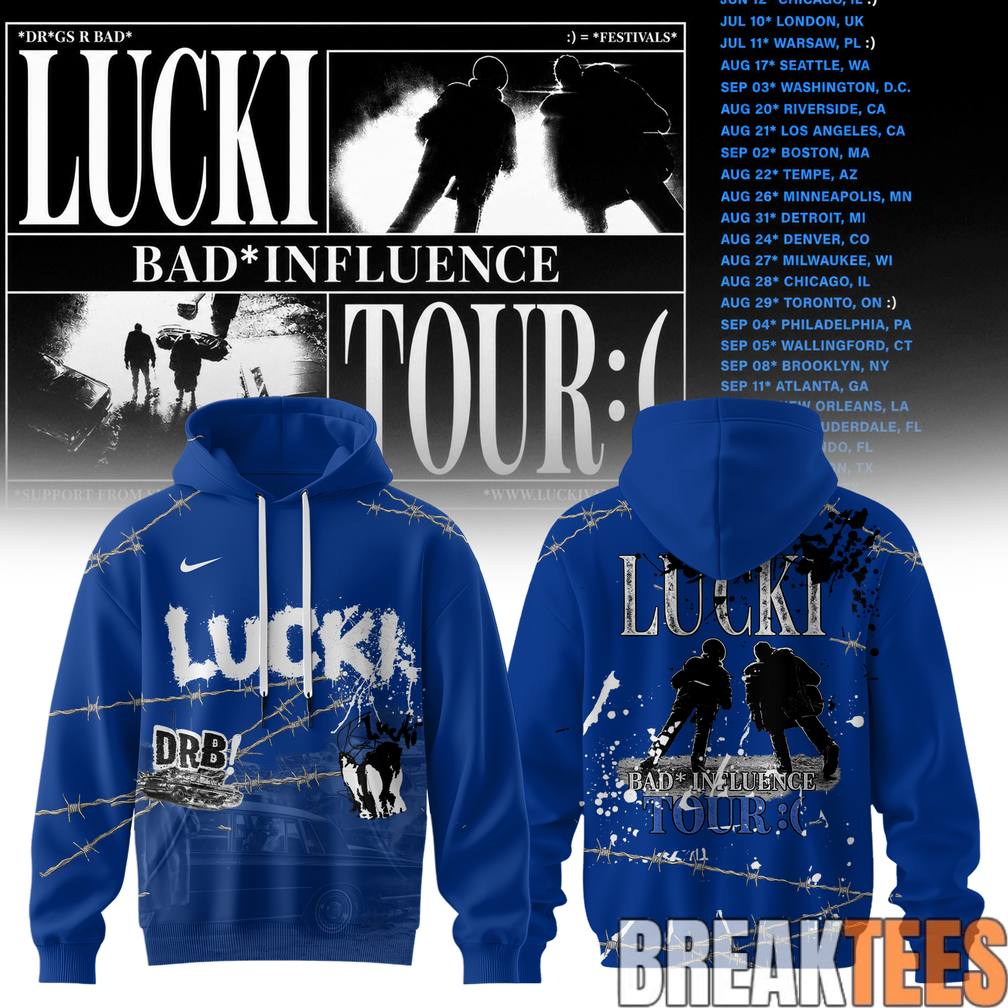 Lucki Bad Influence Tour 2026 Deep Blue Barbed Hoodie Unisex T-shirt, Sweatshirt, Hoodie, Long Sleeve Tee - T-Shirt, Sweatshirt, Hoodie