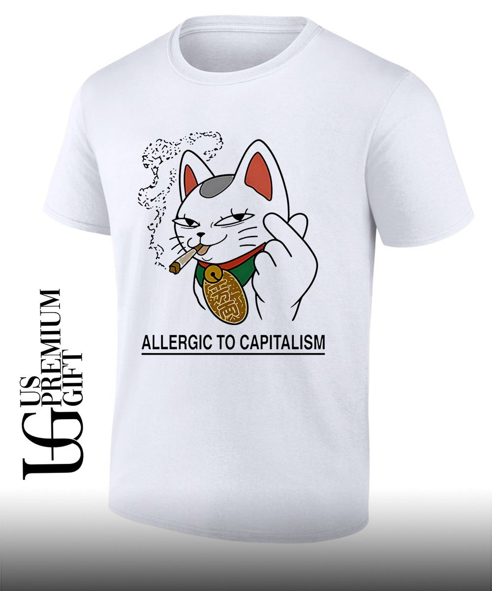 Lucky Cat smoking allergic to capitalism shirt Unisex T-shirt, Sweatshirt, Hoodie, Long Sleeve Tee - T-Shirt, Sweatshirt, Hoodie