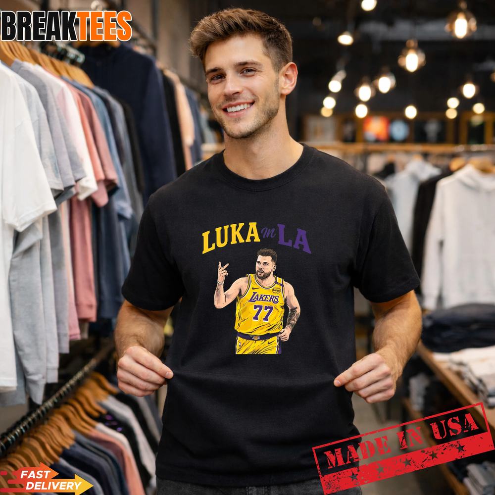 Luka Doncic #77 Lakers Purple and Gold Shirt  NBA Fantasy Concept Graphic Tee Unisex T-shirt, Sweatshirt, Hoodie, Long Sleeve Tee - T-Shirt, Sweatshirt, Hoodie