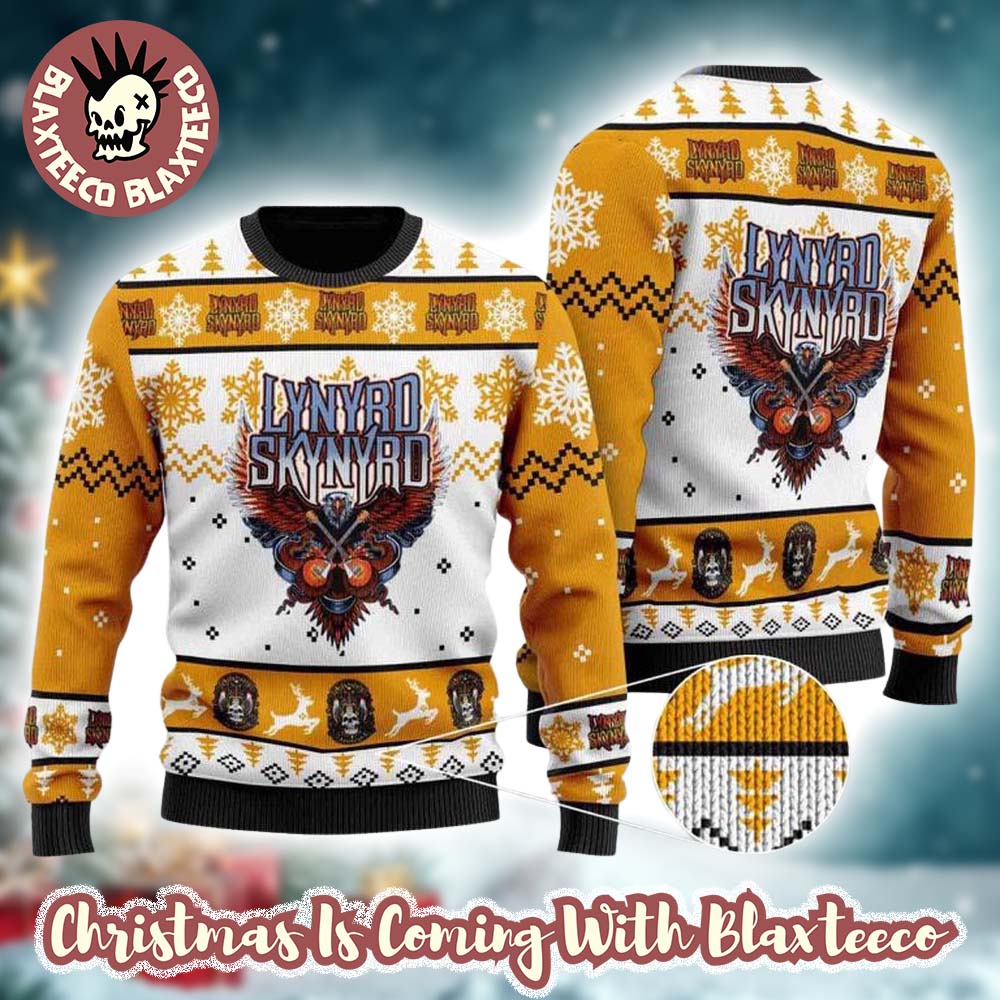 Lynyrd Skynyrd Big Logo With Snowflakes Pattern Fan Gift Knitted Ugly Christmas Sweater Unisex T-shirt, Sweatshirt, Hoodie, Long Sleeve Tee - T-Shirt, Sweatshirt, Hoodie