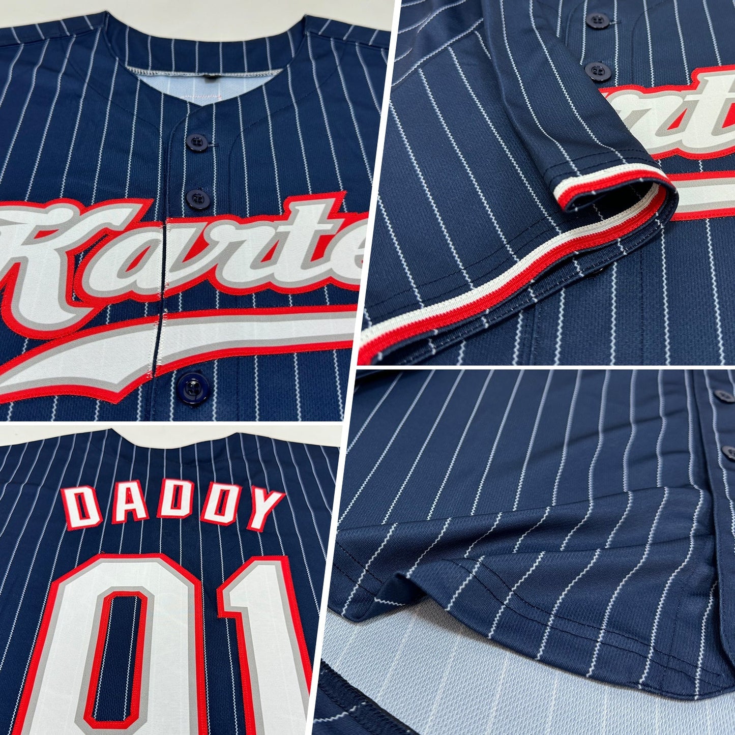 Custom Navy White Pinstripe White-Red Authentic Baseball Jersey baseball jersey product view 2