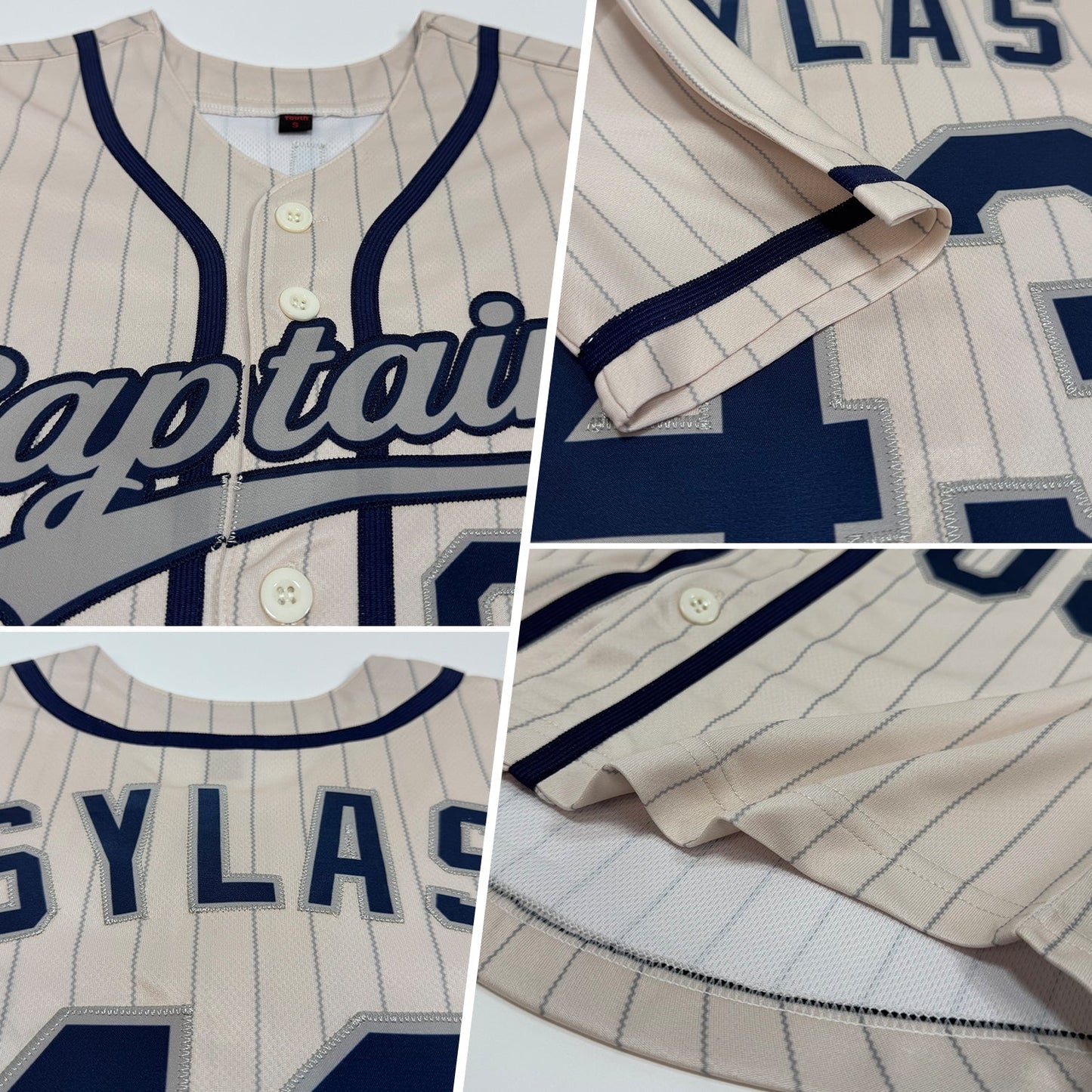 Custom Cream Gray Pinstripe Navy Authentic Baseball Jersey baseball jersey product view 2