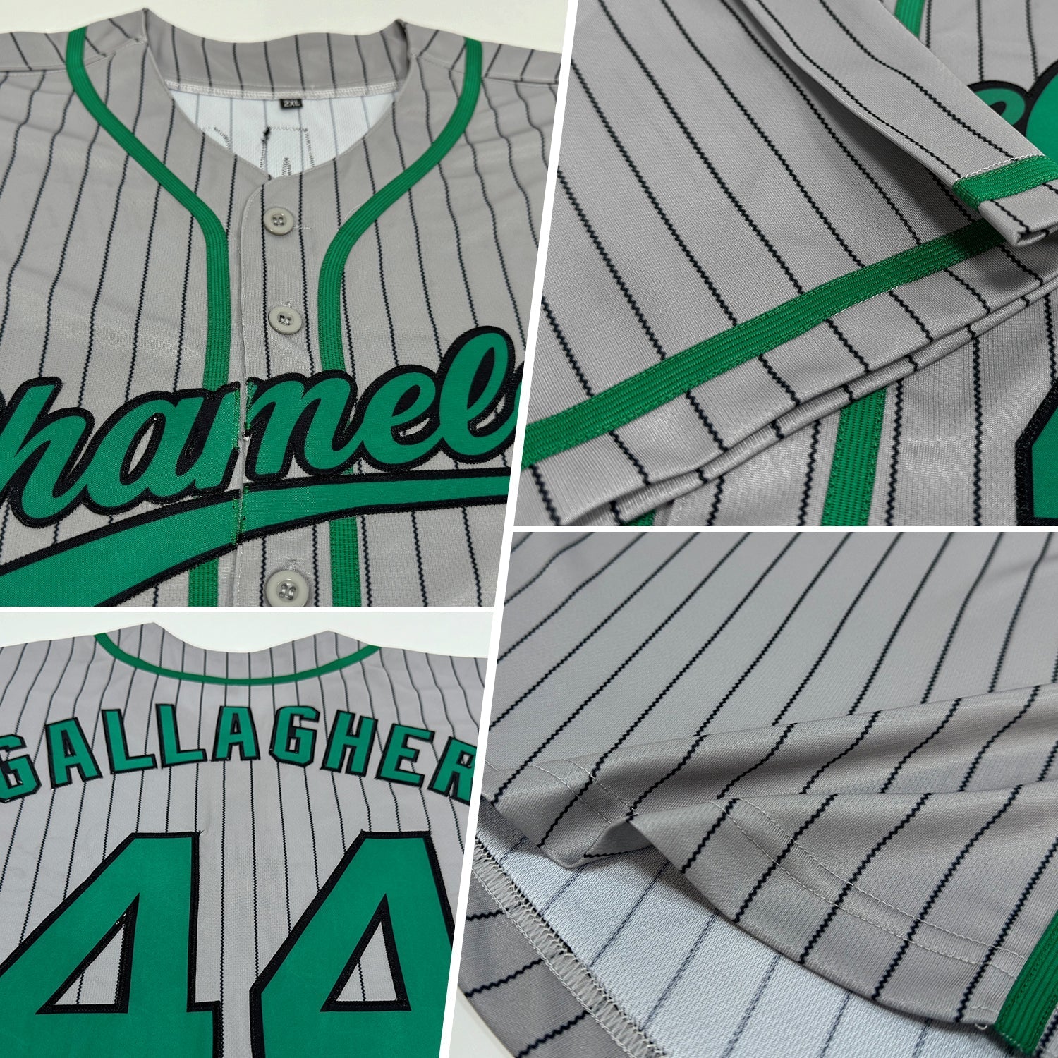 Custom Gray Black Pinstripe Kelly Green Authentic Baseball Jersey baseball jersey product view 2