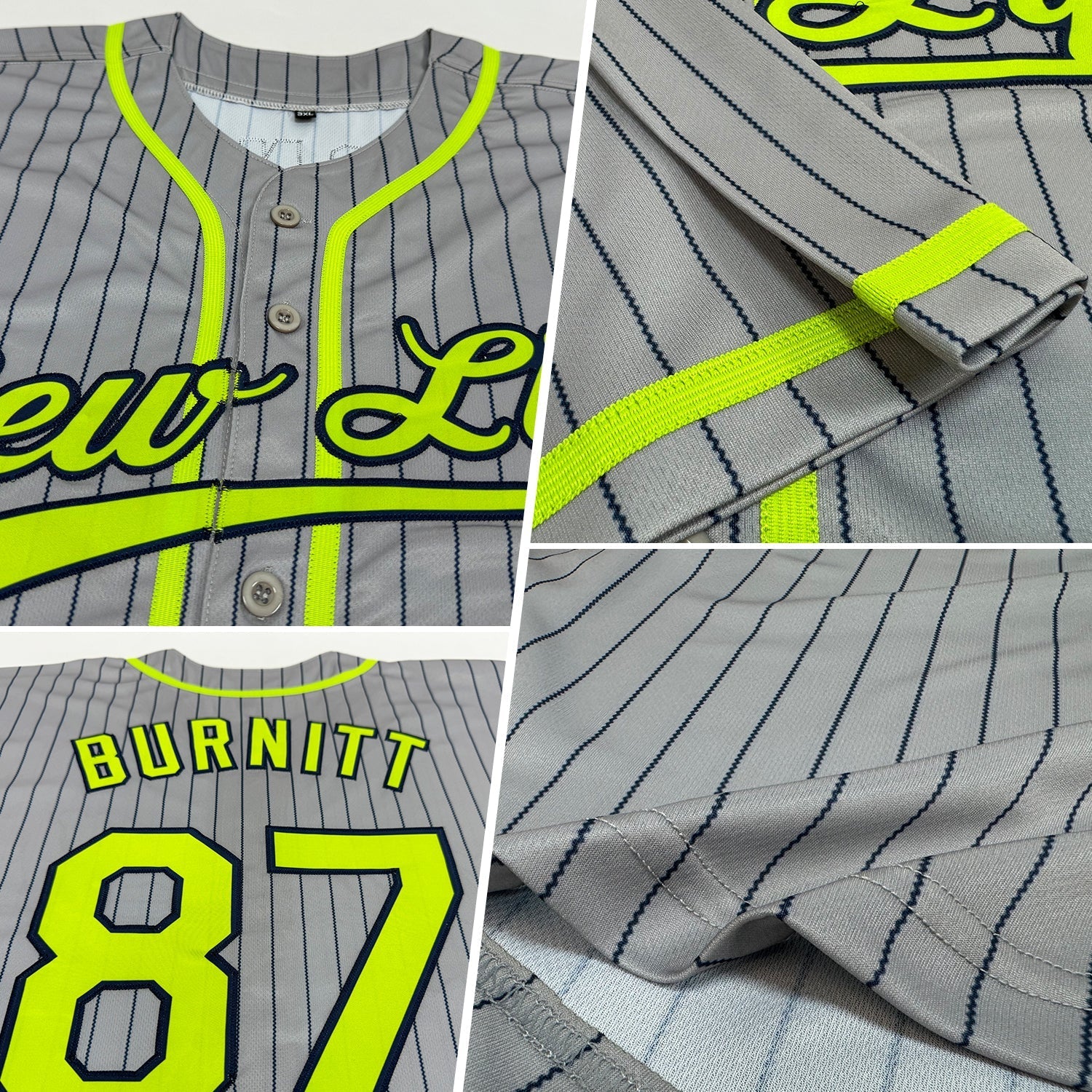 Custom Gray Navy Pinstripe Neon Green Authentic Baseball Jersey baseball jersey product view 2