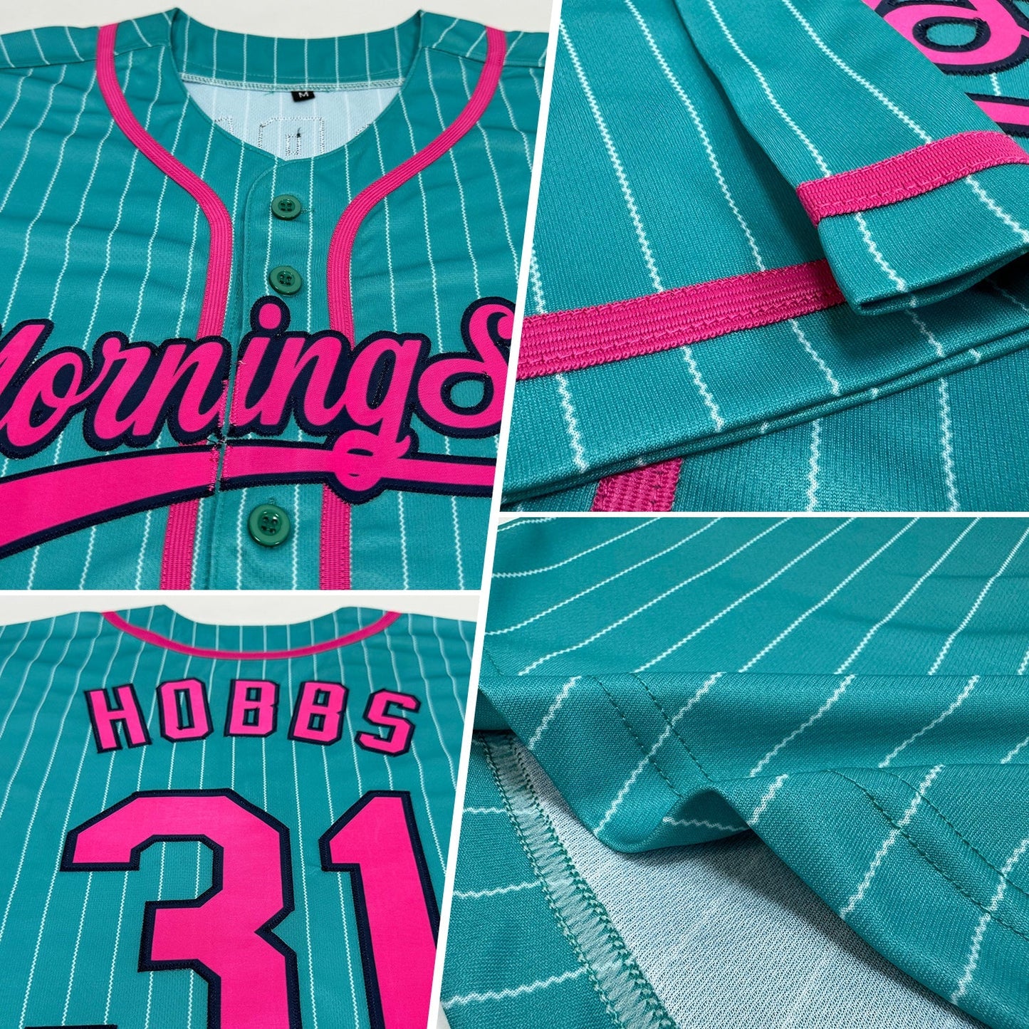 Custom Aqua White Pinstripe Pink-Navy Authentic Baseball Jersey baseball jersey product view 2