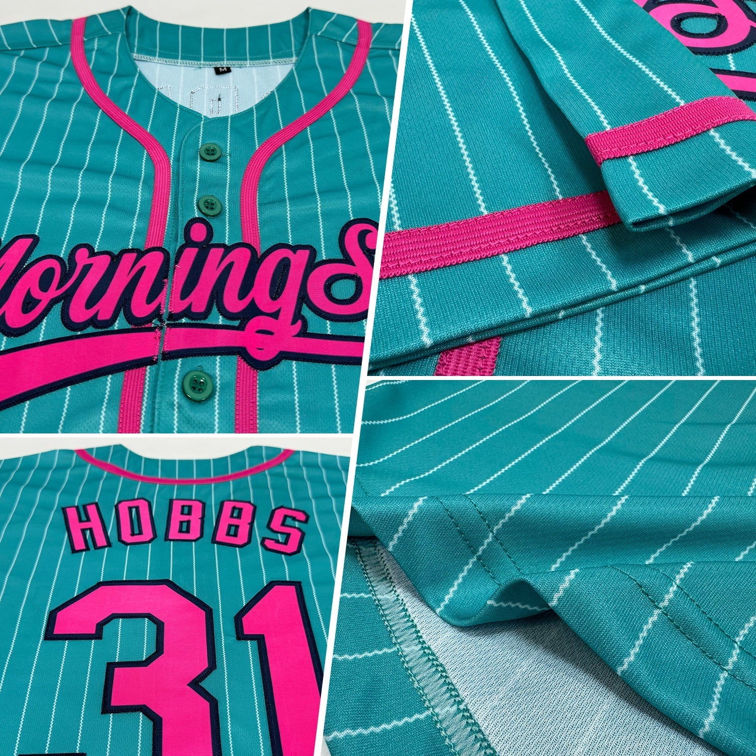 Custom Aqua White Pinstripe Pink-Navy Authentic Baseball Jersey baseball jersey product view 2