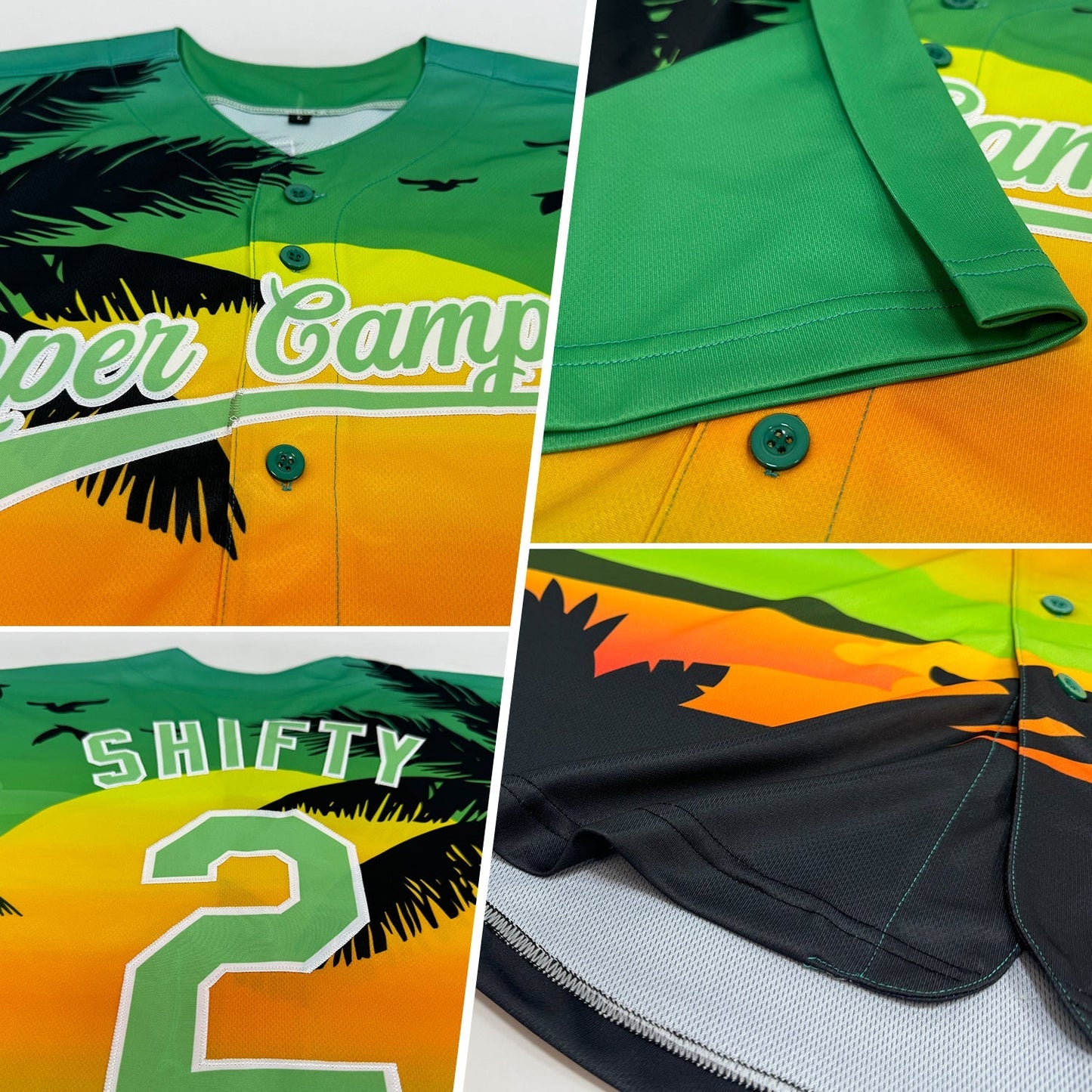 Custom Pea Green Black-White 3D Pattern Design Hawaii Palm Trees And Beach Sunset Authentic Baseball Jersey baseball jersey product view 2