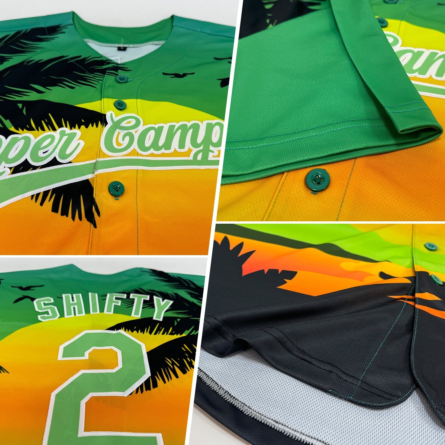 Custom Pea Green Black-White 3D Pattern Design Hawaii Palm Trees And Beach Sunset Authentic Baseball Jersey baseball jersey product view 2