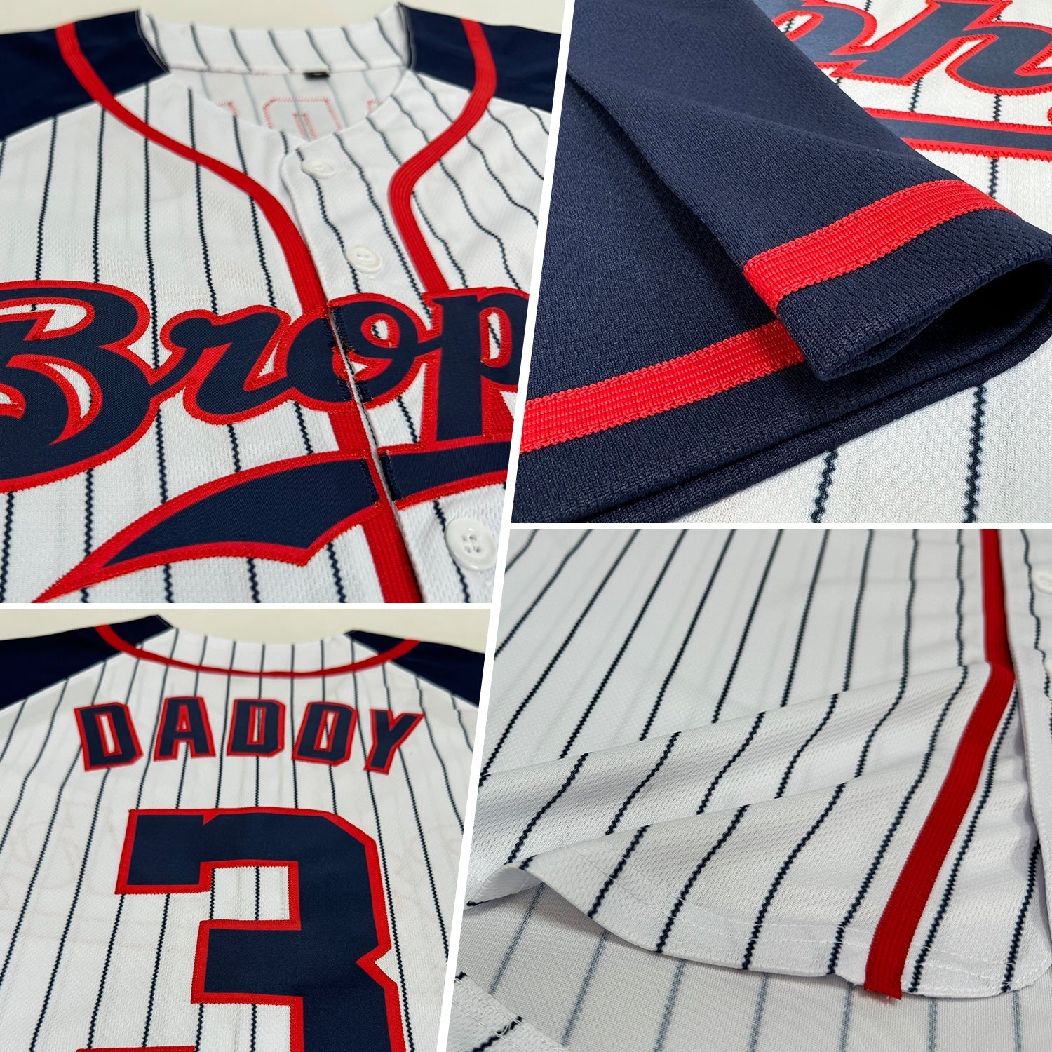 Custom White Navy Pinstripe Navy-Red Authentic Raglan Sleeves Baseball Jersey baseball jersey product view 2