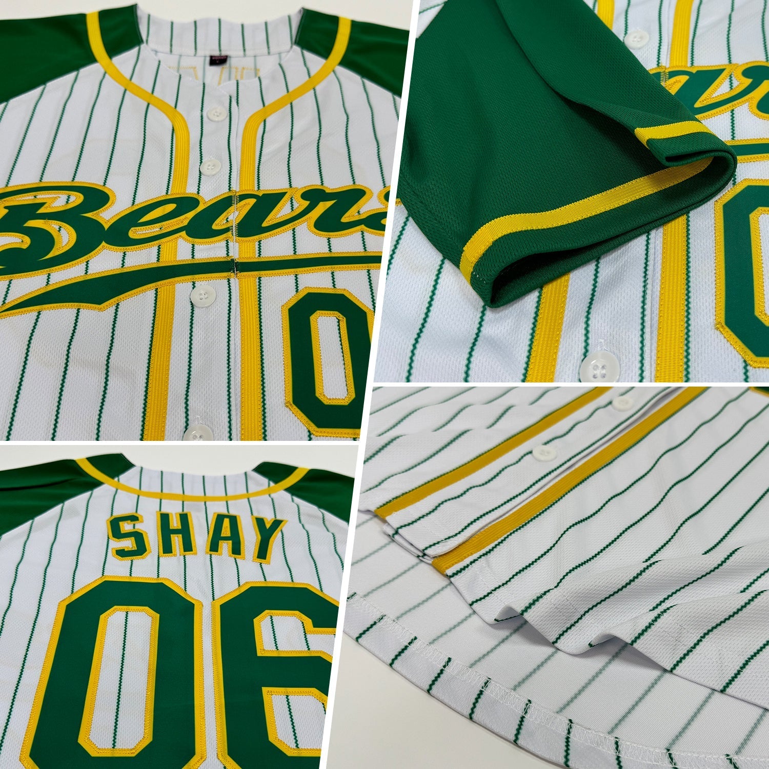 Custom White Kelly Green Pinstripe Kelly Green-Gold Authentic Raglan Sleeves Baseball Jersey baseball jersey product view 2