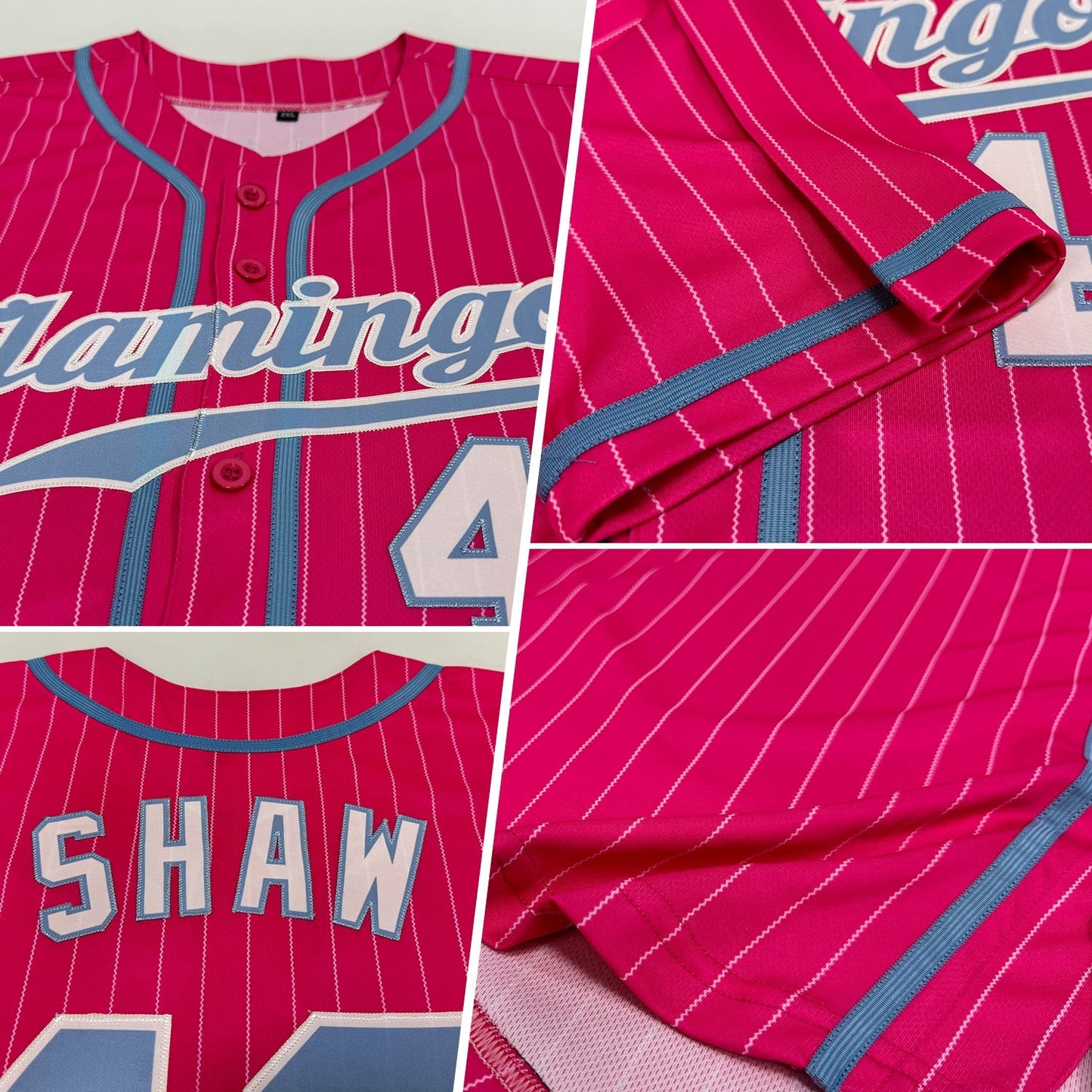 Custom Pink White Pinstripe Light Blue-White Authentic Baseball Jersey baseball jersey product view 2