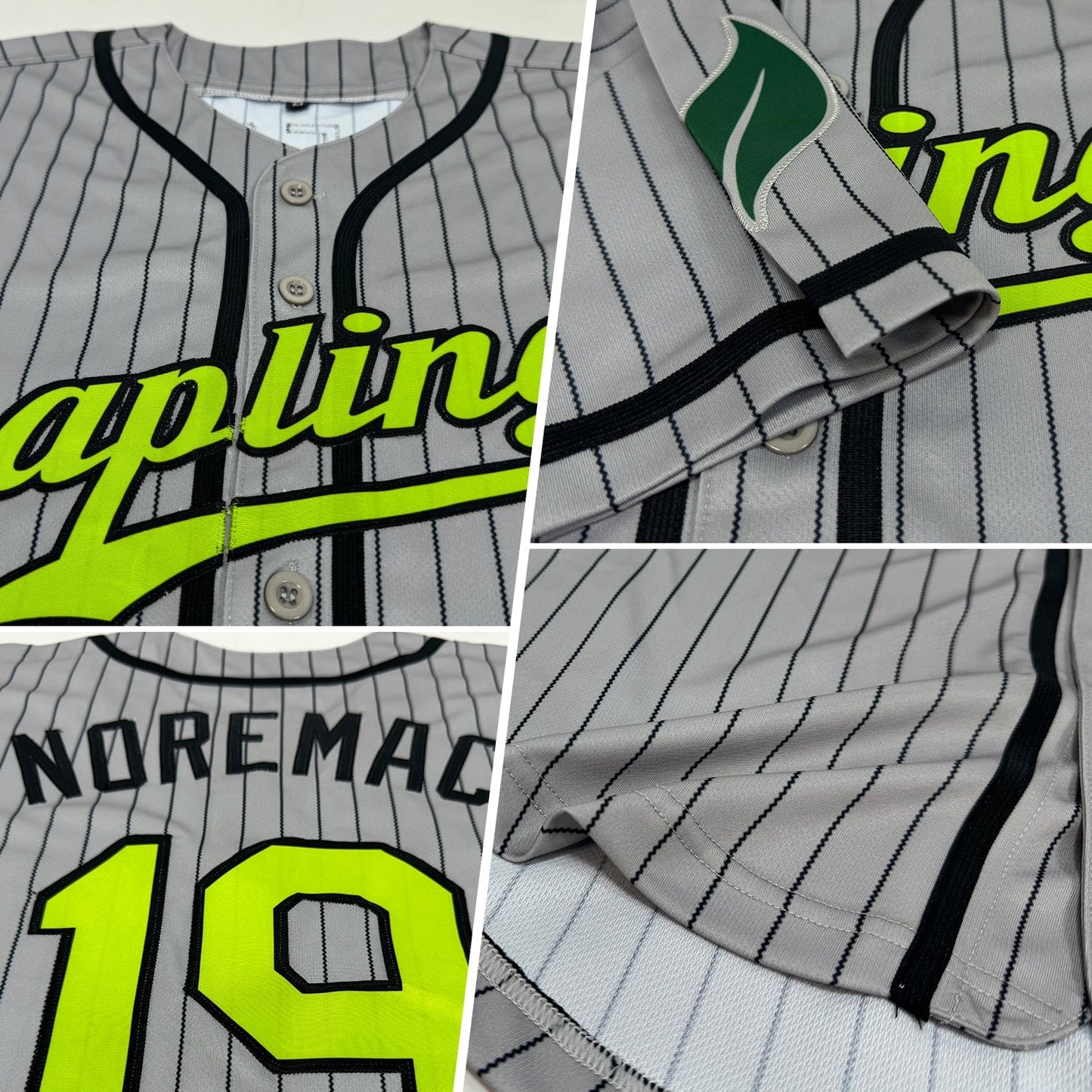Custom Gray Black Pinstripe Neon Green-Black Authentic Baseball Jersey baseball jersey product view 2