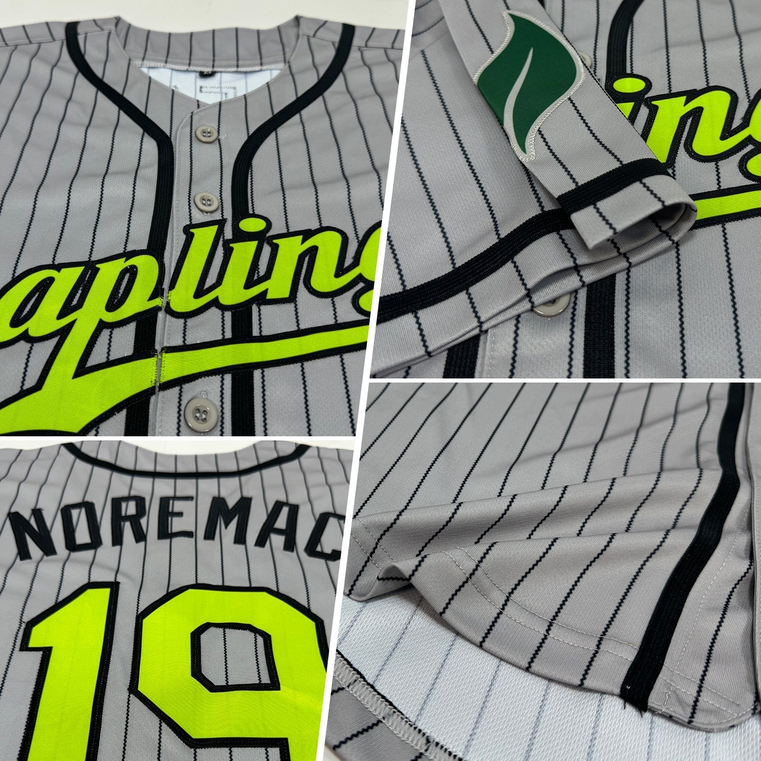 Custom Gray Black Pinstripe Neon Green-Black Authentic Baseball Jersey baseball jersey product view 2