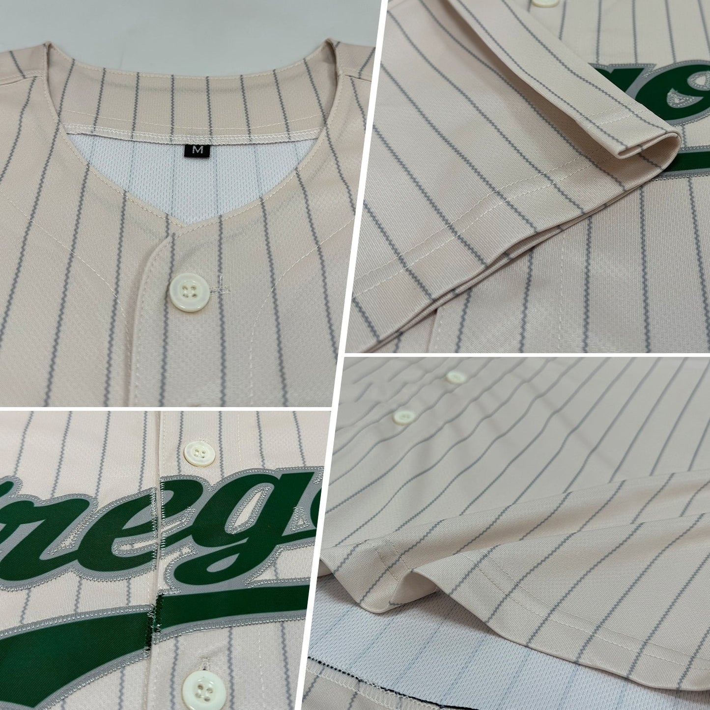 Custom Cream Gray Pinstripe Green-Gray Authentic Baseball Jersey baseball jersey product view 2
