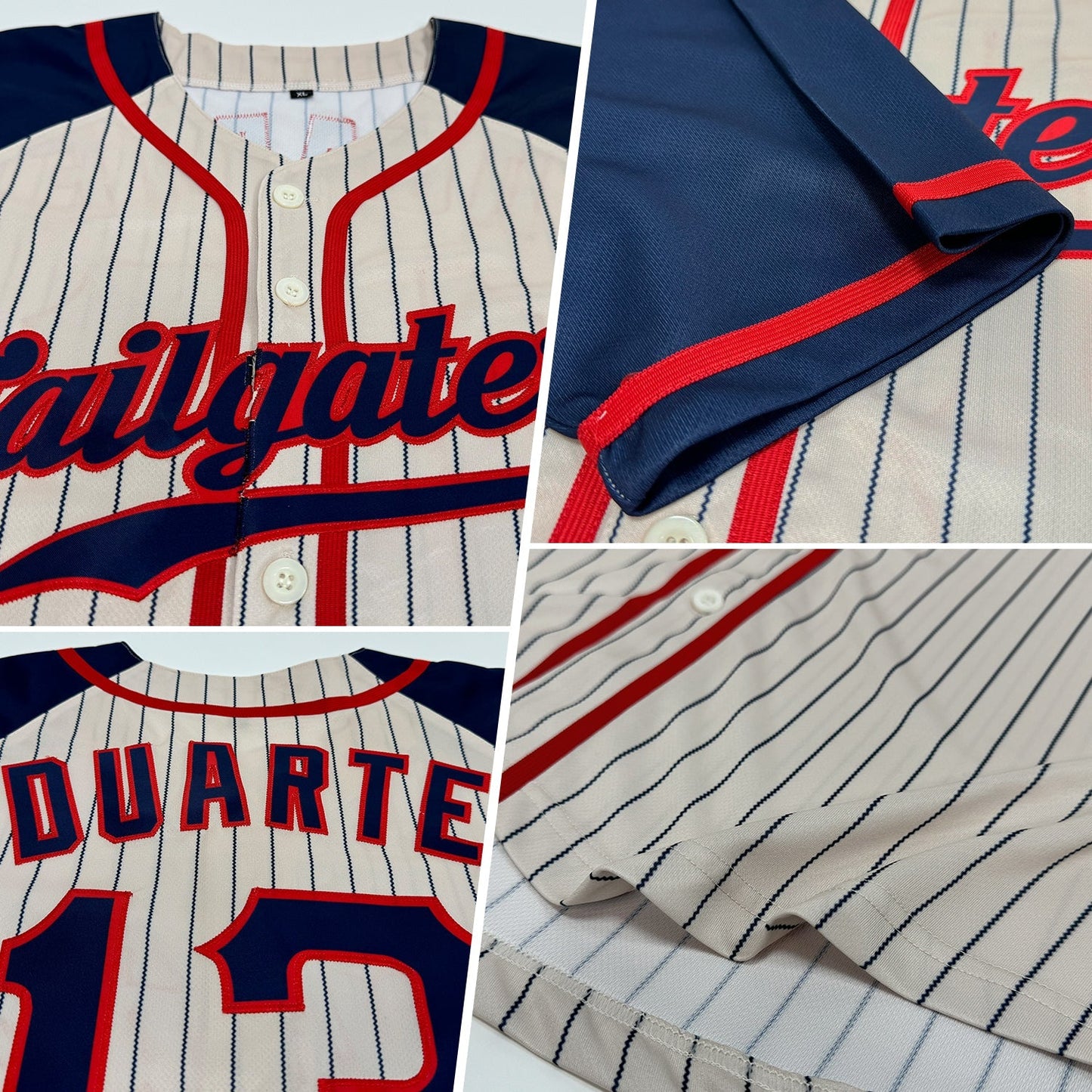Custom Cream Navy Pinstripe Navy-Red Authentic Raglan Sleeves Baseball Jersey baseball jersey product view 2