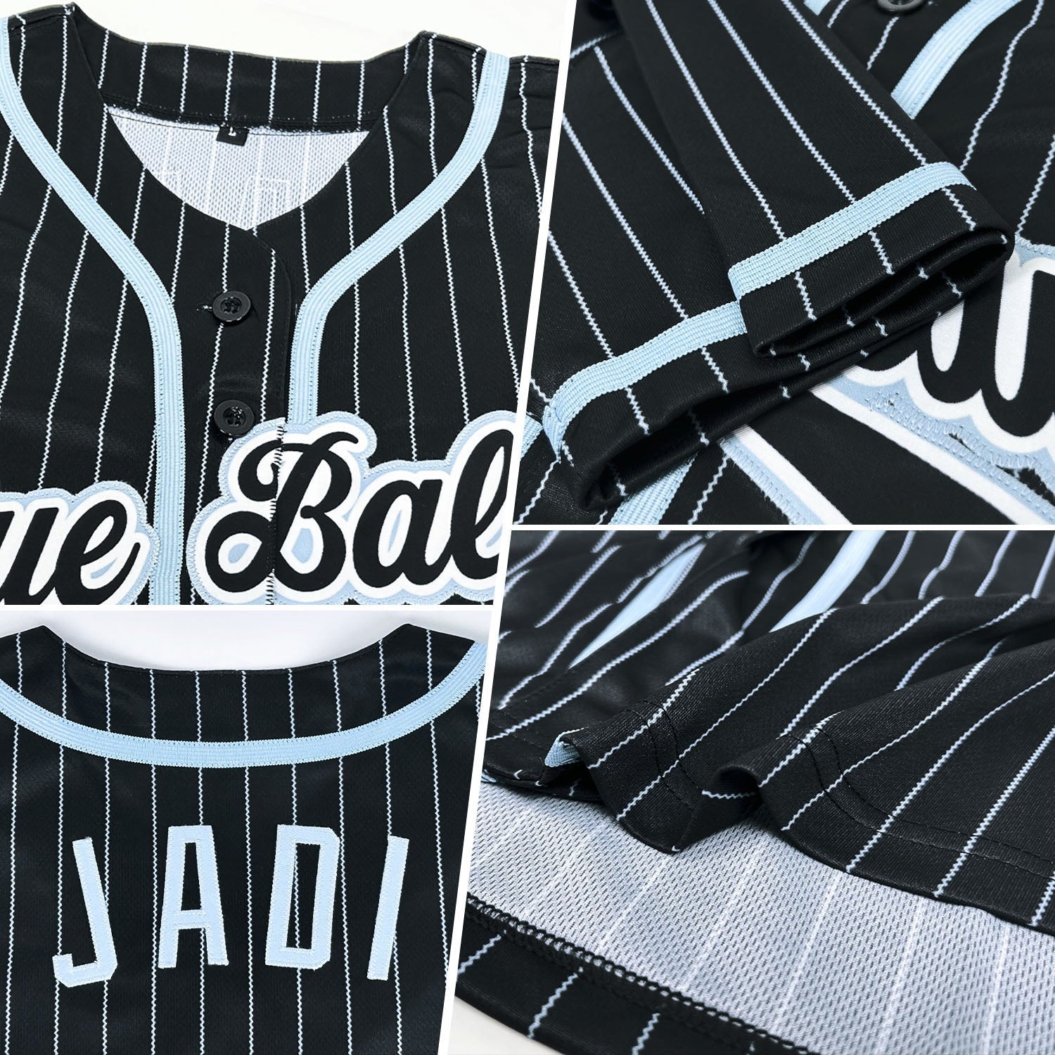 Custom Black Light Blue Pinstripe Black-White Authentic Baseball Jersey baseball jersey product view 2
