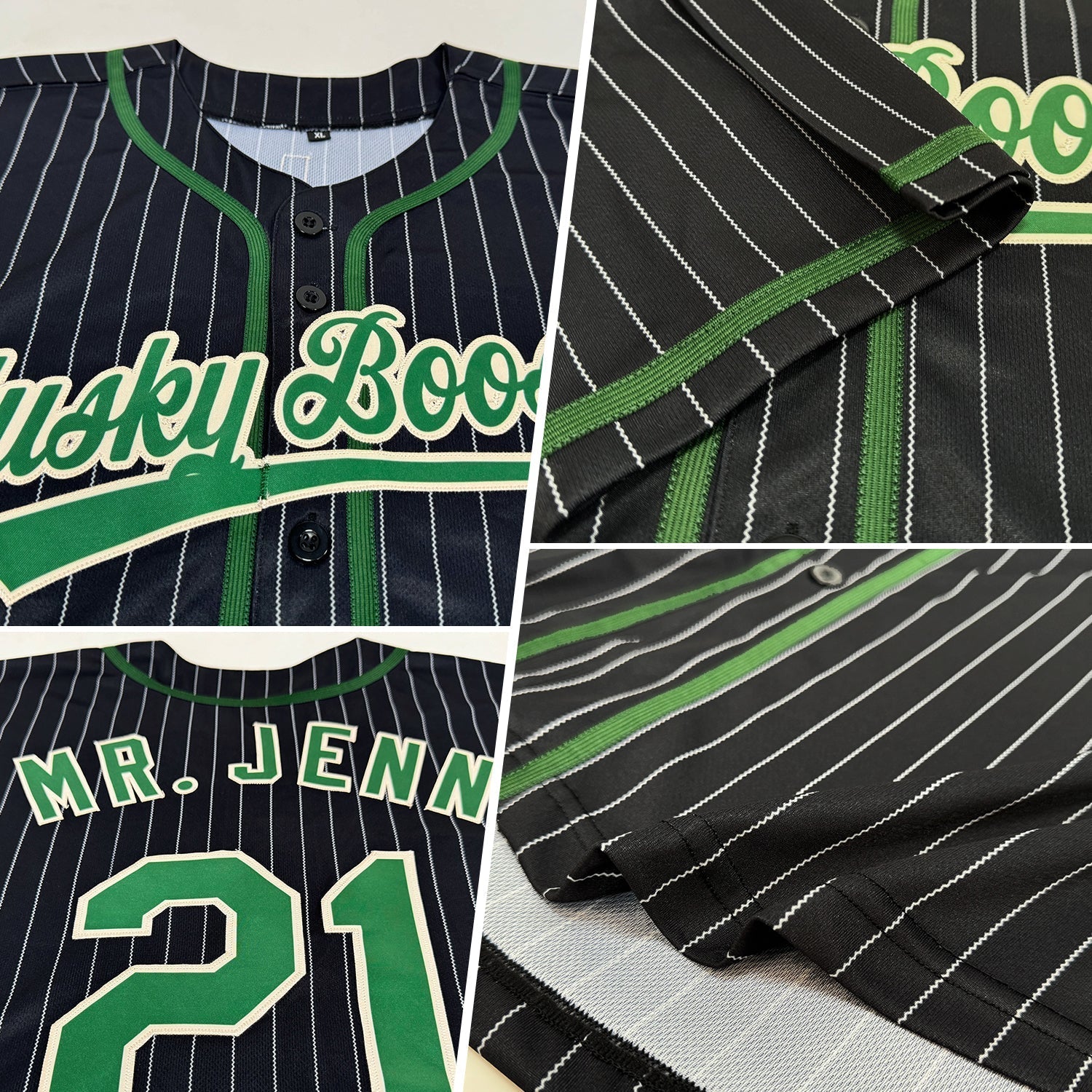 Custom Black Cream Pinstripe Green Authentic Baseball Jersey baseball jersey product view 2