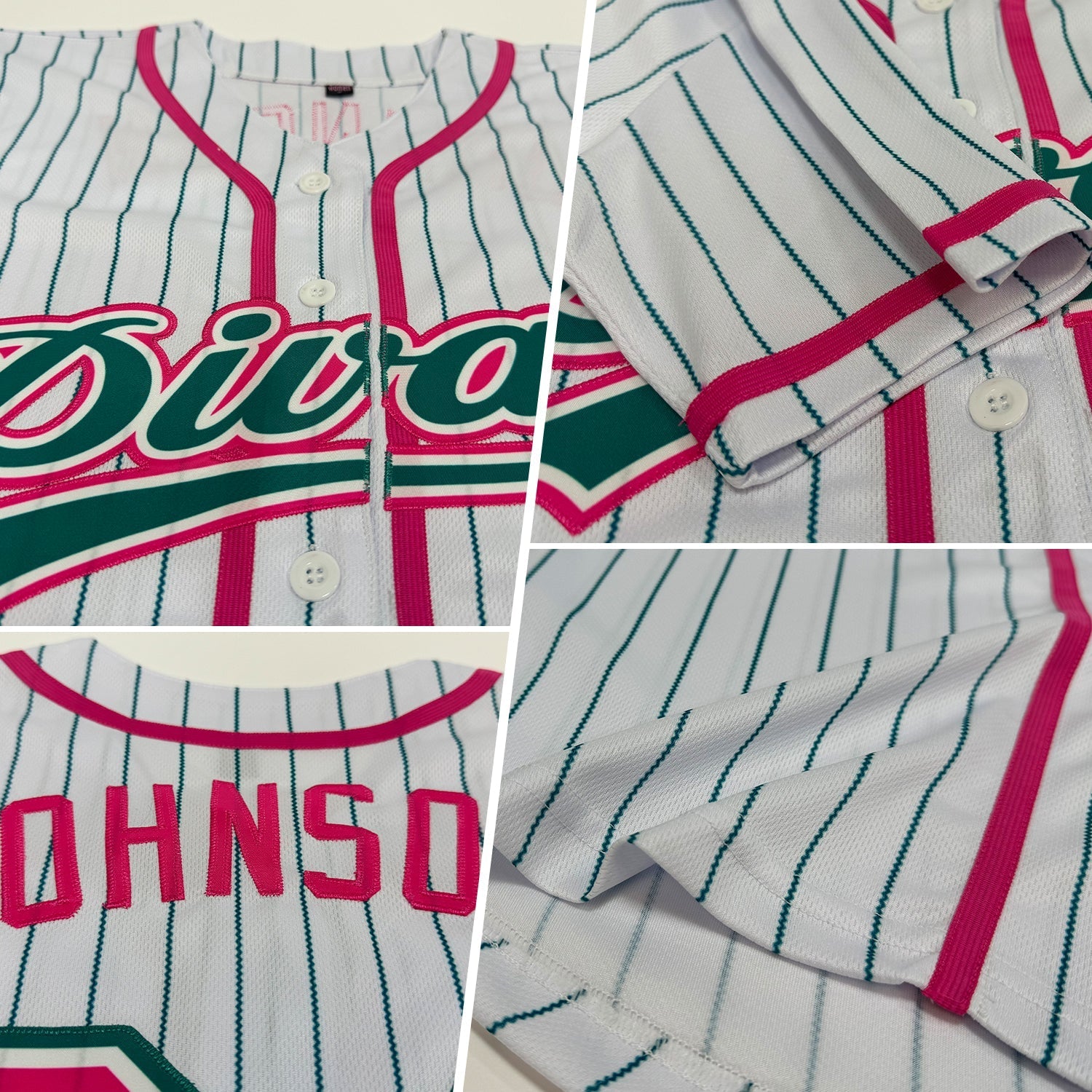 Custom White Teal Pinstripe Pink Authentic Baseball Jersey baseball jersey product view 2