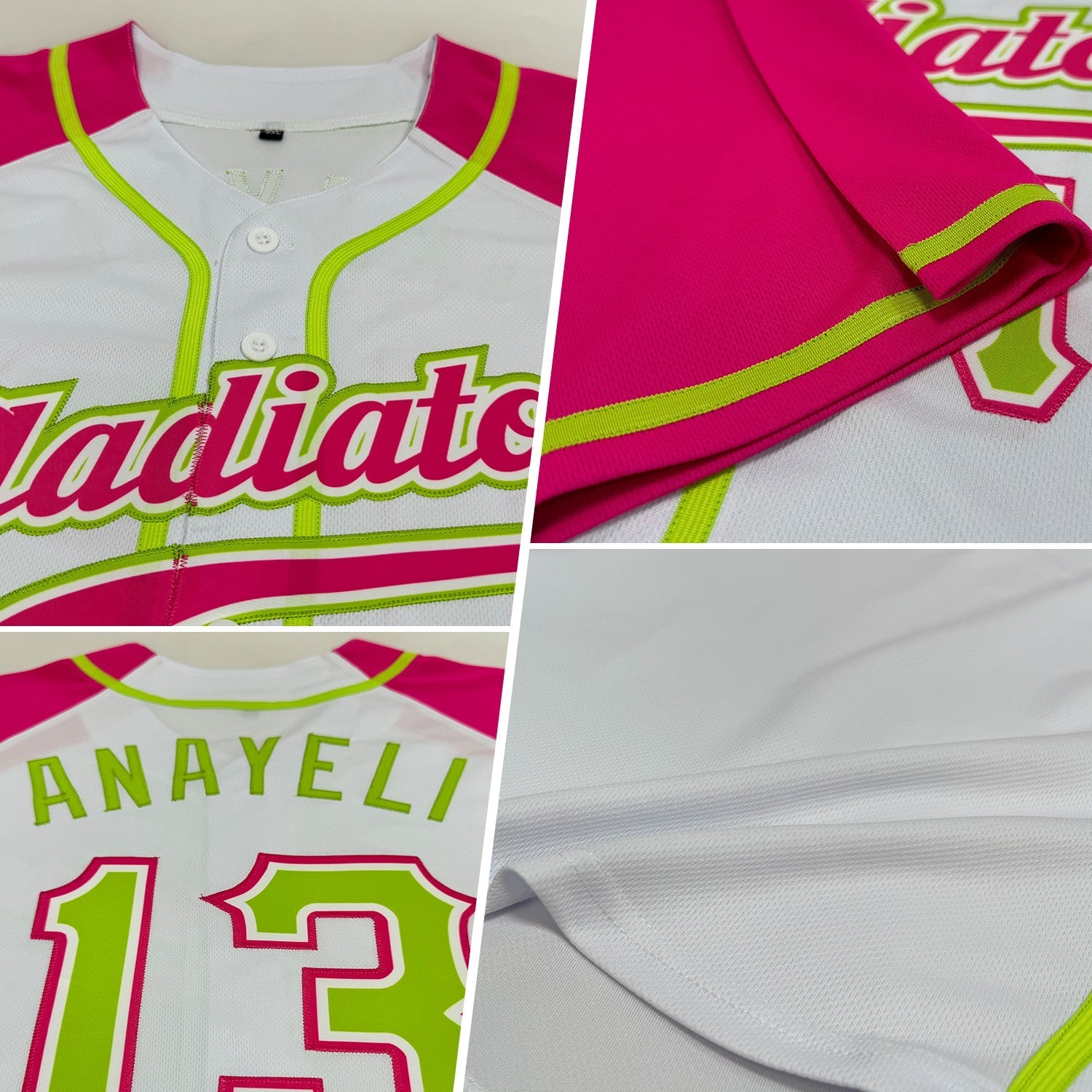 Custom White Neon Green-Pink Authentic Raglan Sleeves Baseball Jersey baseball jersey product view 2