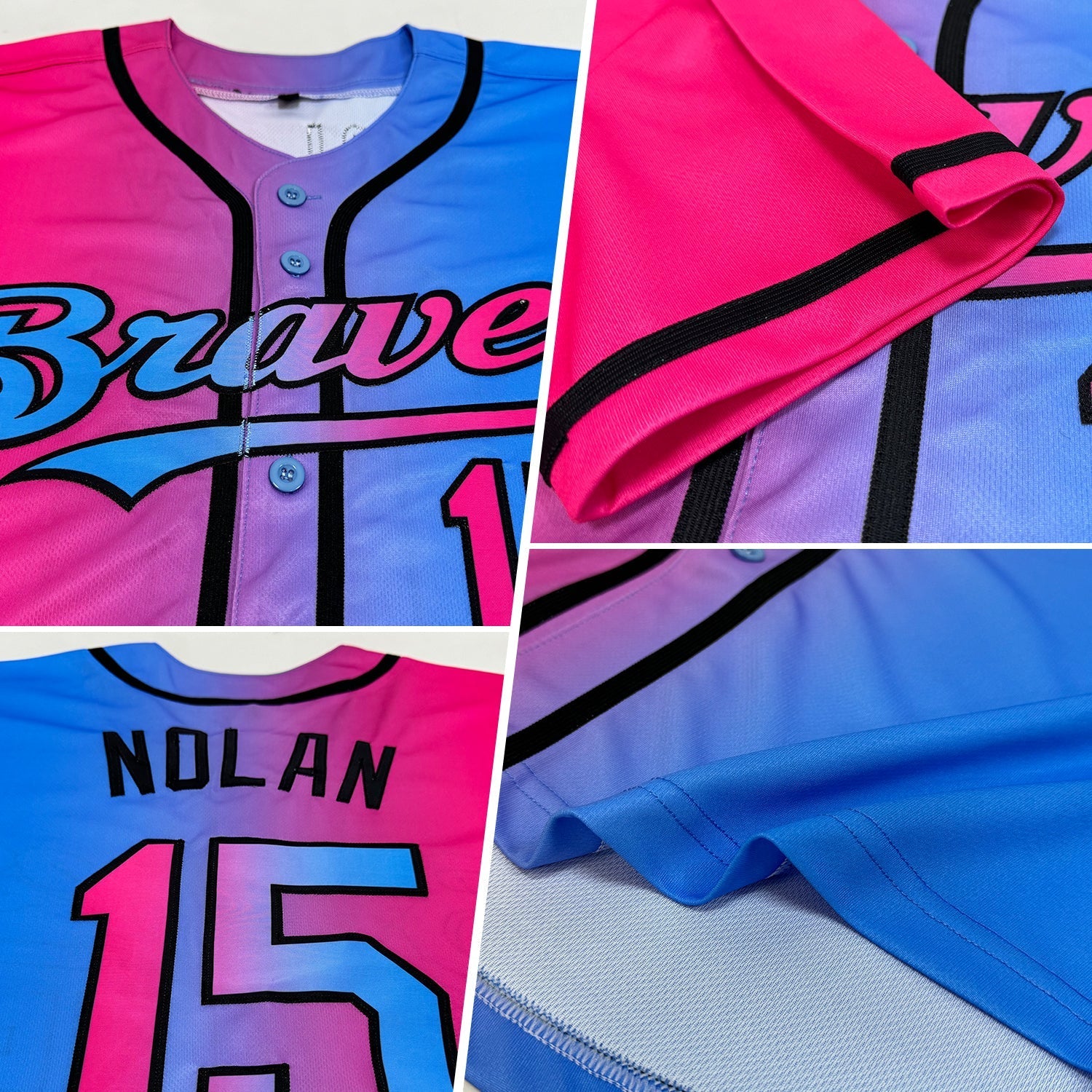 Custom Sky Blue Pink-Black Authentic Gradient Fashion Baseball Jersey baseball jersey product view 2