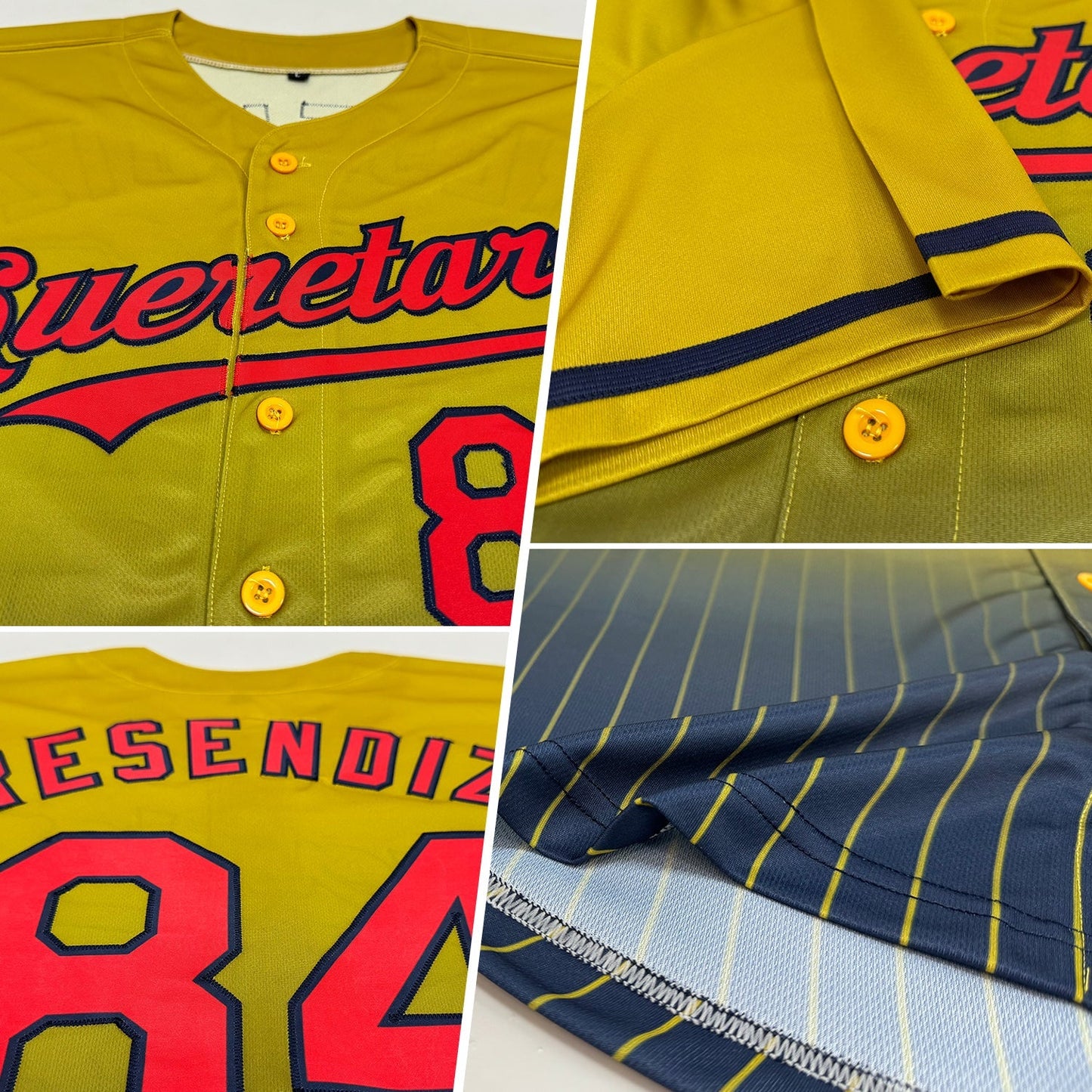 Custom Old Gold Pinstripe Red-Navy Authentic Fade Fashion Baseball Jersey baseball jersey product view 2