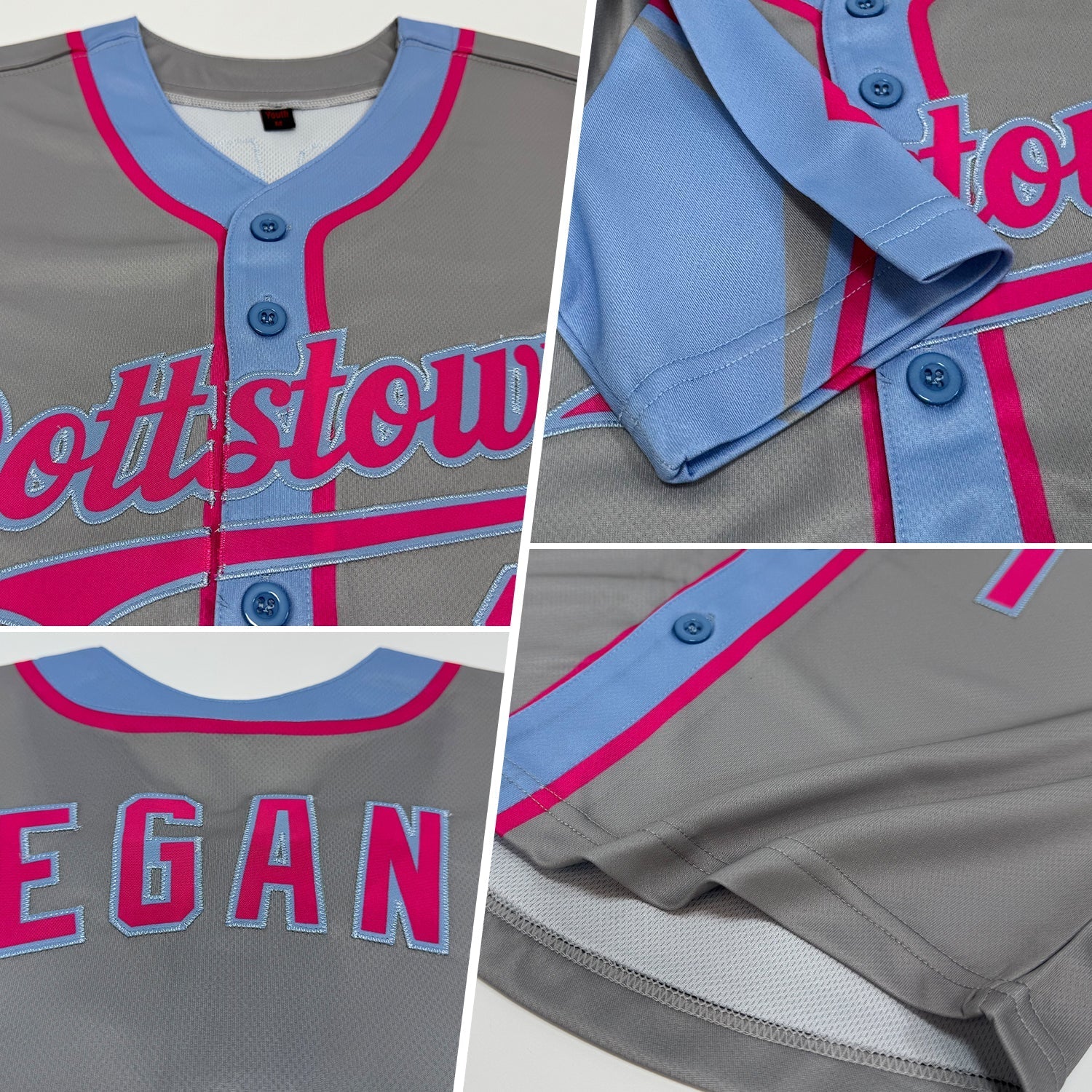 Custom Gray Pink-Light Blue 3 Colors Arm Shapes Authentic Baseball Jersey baseball jersey product view 2