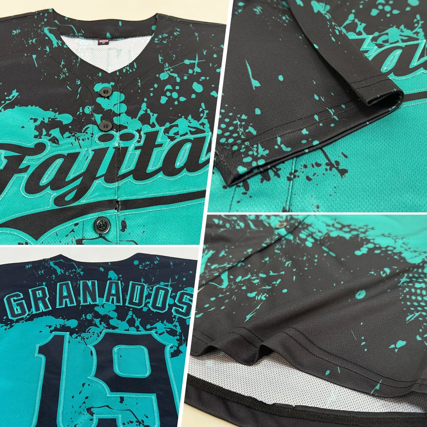 Custom Black Teal 3D Pattern Design Abstract Splatter Grunge Art Authentic Baseball Jersey baseball jersey product view 2