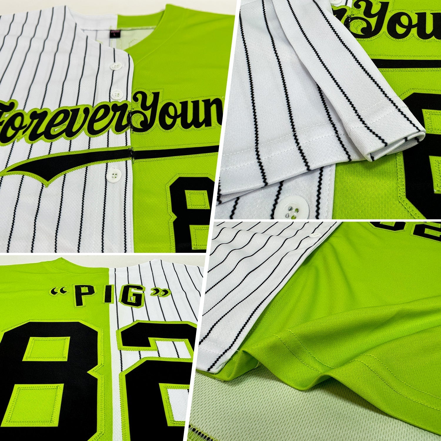 Custom Neon Green White-Black Pinstripe Authentic Split Fashion Baseball Jersey baseball jersey product view 2