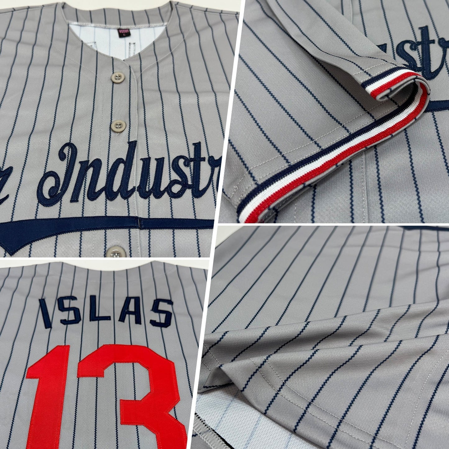 Custom Gray Navy Pinstripe Red-White Authentic Baseball Jersey baseball jersey product view 2