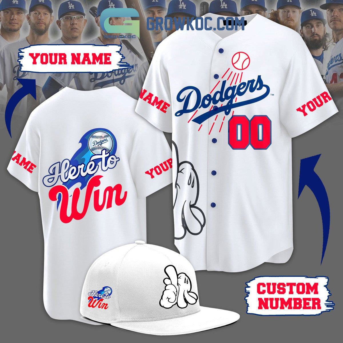 MLB Dodgers Here To Win White Design Personalized Baseball Jersey baseball jersey product view 1