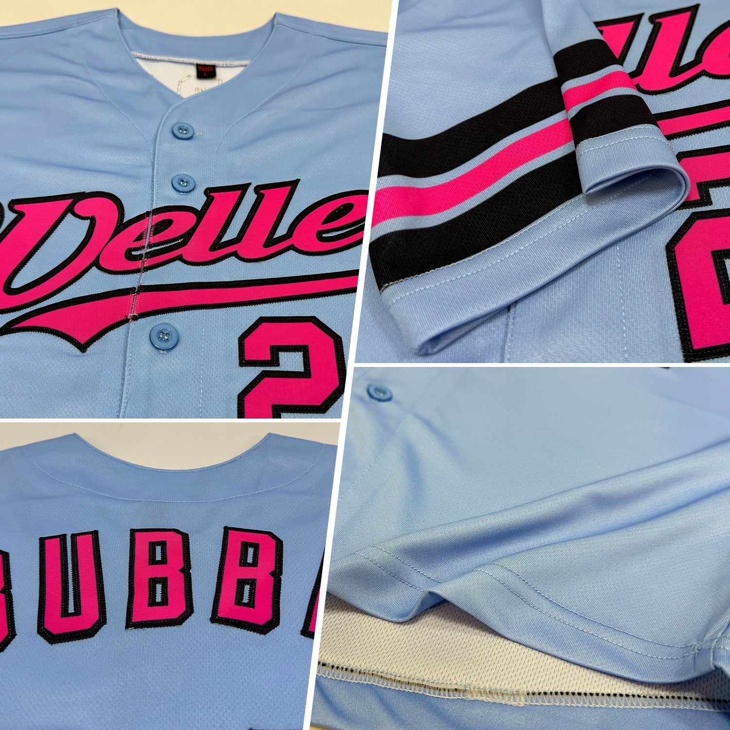 Custom Light Blue Pink-Black Authentic Baseball Jersey baseball jersey product view 2