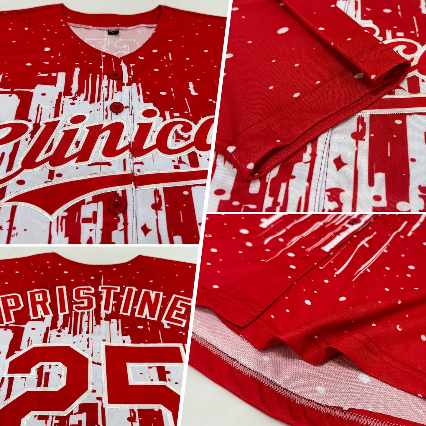Custom Red White 3D Pattern Design Dripping Splatter Art Authentic Baseball Jersey baseball jersey product view 2