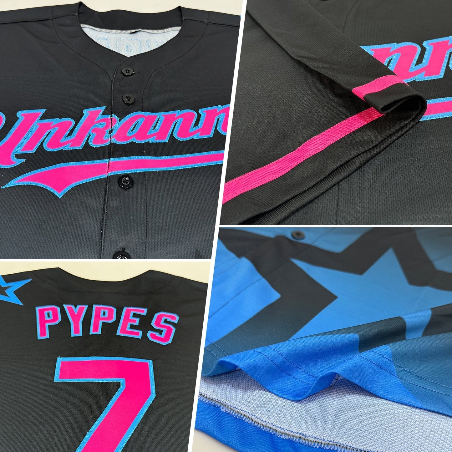 Custom Black Pink-Sky Blue 3D Pattern Design Gradient Style Twinkle Star Authentic Baseball Jersey baseball jersey product view 2