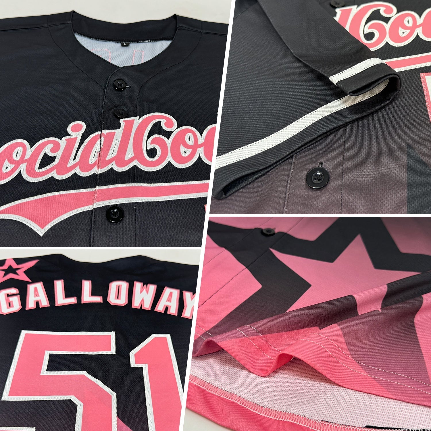 Custom Black Medium Pink-White 3D Pattern Design Gradient Style Twinkle Star Authentic Baseball Jersey baseball jersey product view 2
