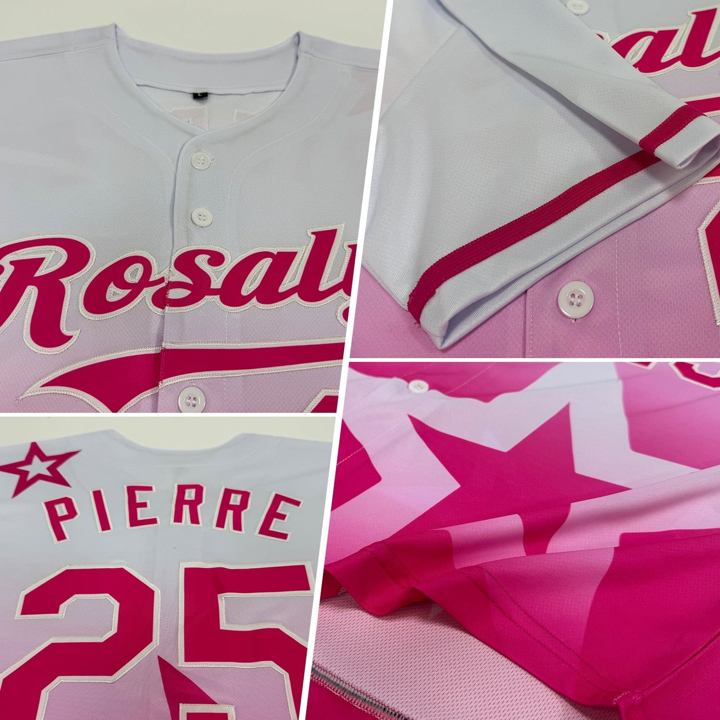 Custom White Pink 3D Pattern Design Gradient Style Twinkle Star Authentic Baseball Jersey baseball jersey product view 2