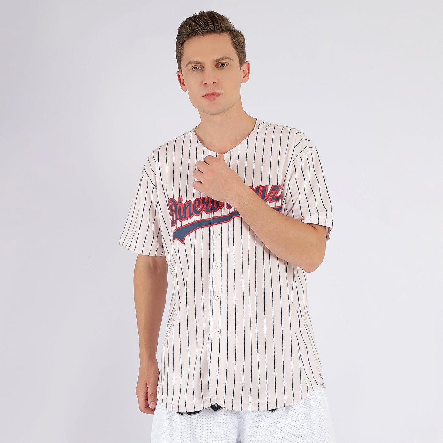 Custom Cream Navy Pinstripe Navy-Red Baseball Jersey baseball jersey product view 2