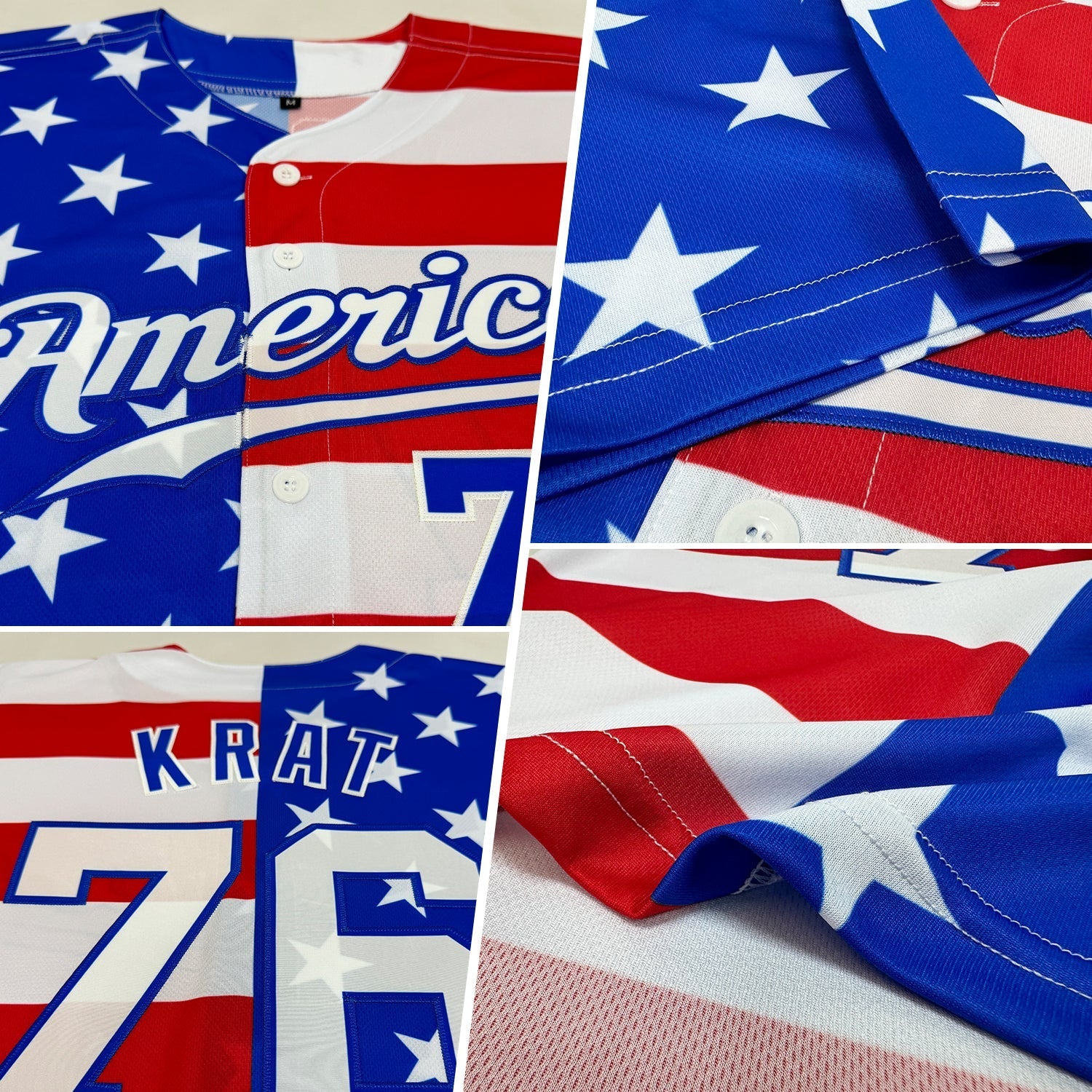 Custom Royal White-Red American Flag Fashion Authentic Baseball Jersey baseball jersey product view 2