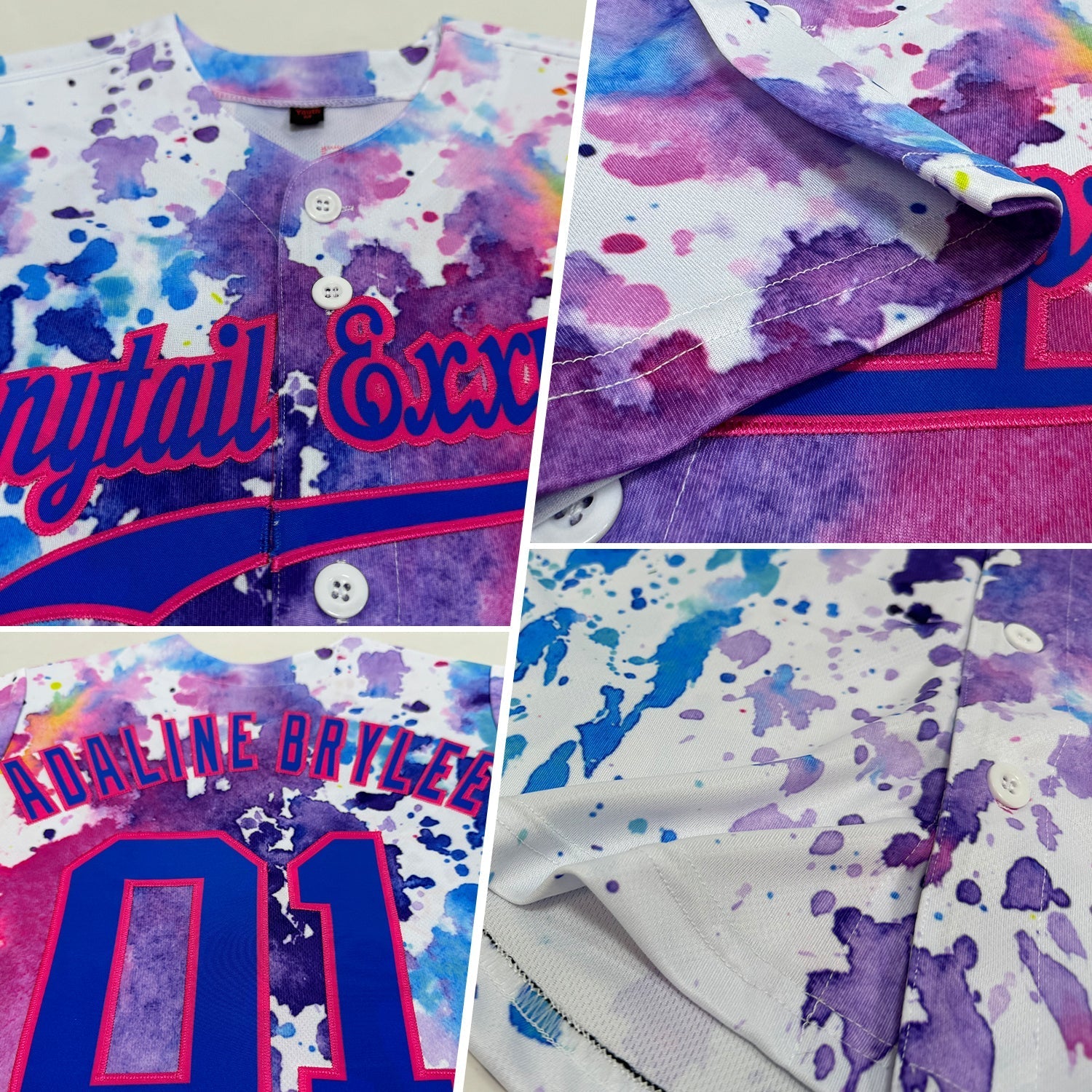 Custom White Royal-Pink 3D Pattern Design Watercolor Authentic Baseball Jersey baseball jersey product view 2