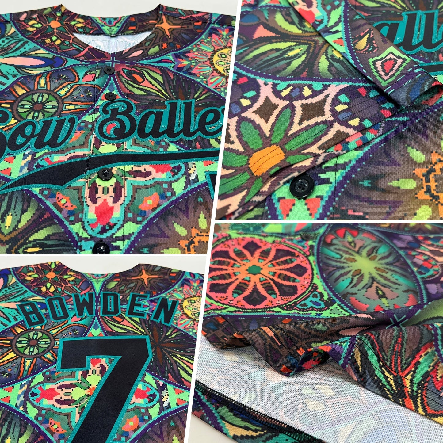 Custom Black Black-Teal 3D Pattern Design Mandalas Authentic Baseball Jersey baseball jersey product view 2