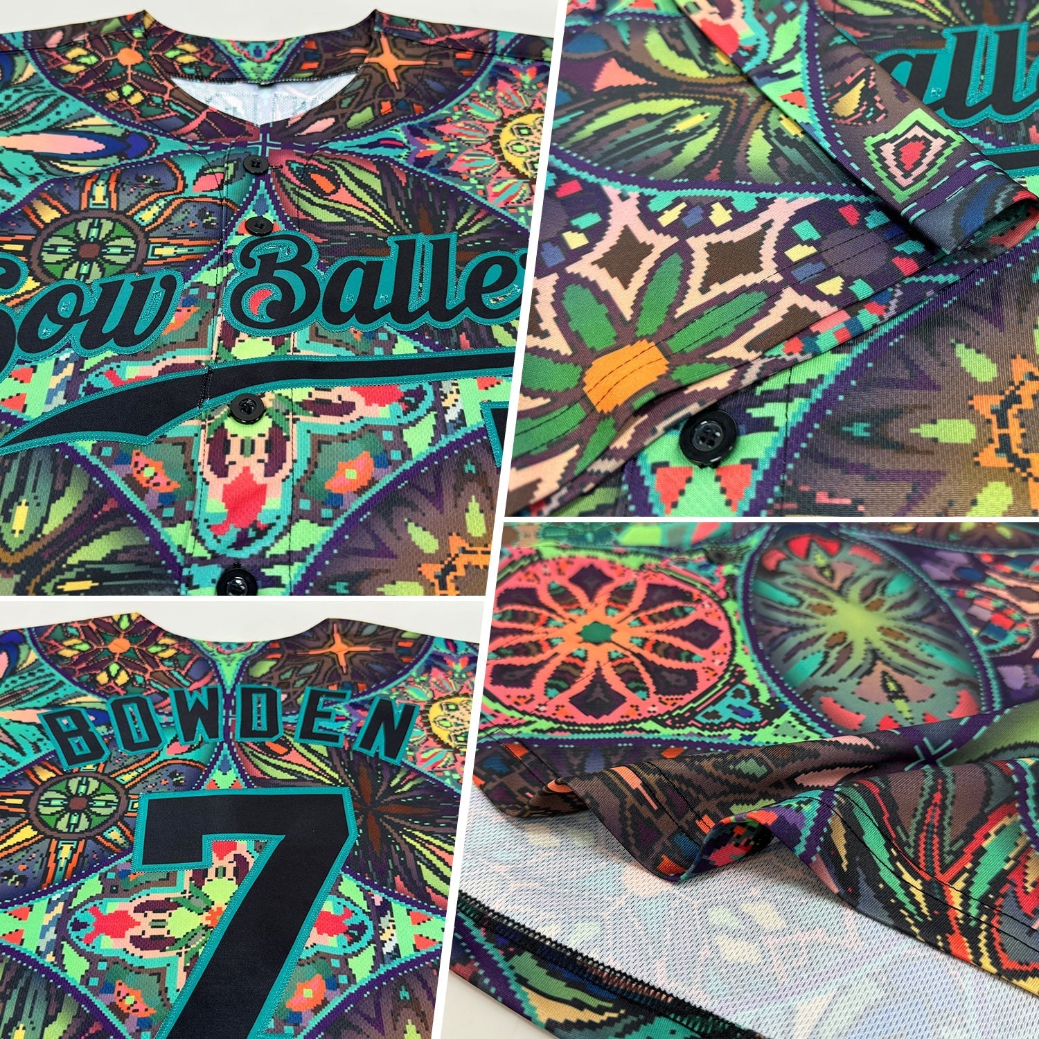 Custom Black Black-Teal 3D Pattern Design Mandalas Authentic Baseball Jersey baseball jersey product view 2