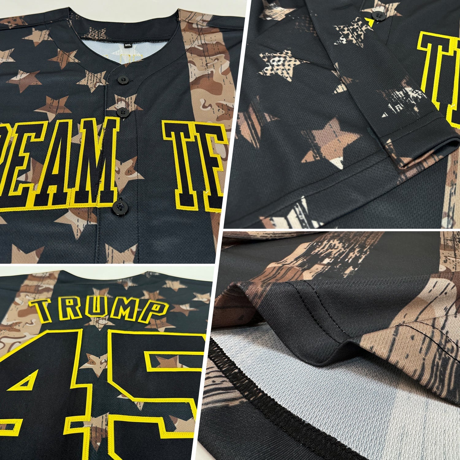 Custom Camo Black-Old Gold 3D Salute To Service American Flag Authentic Baseball Jersey baseball jersey product view 2
