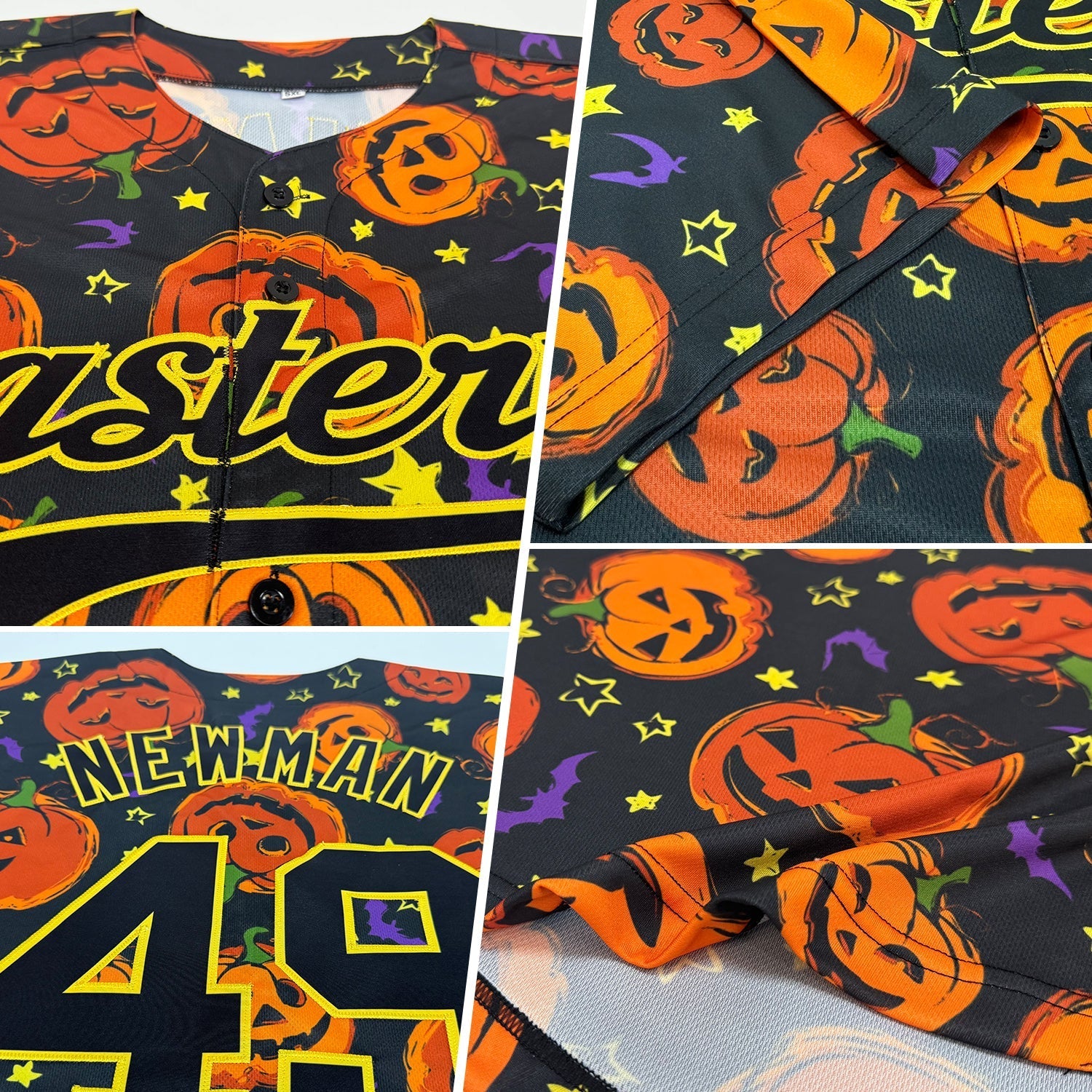 Custom 3D Pattern Halloween Pumpkins Bats Stars Authentic Baseball Jersey baseball jersey product view 2