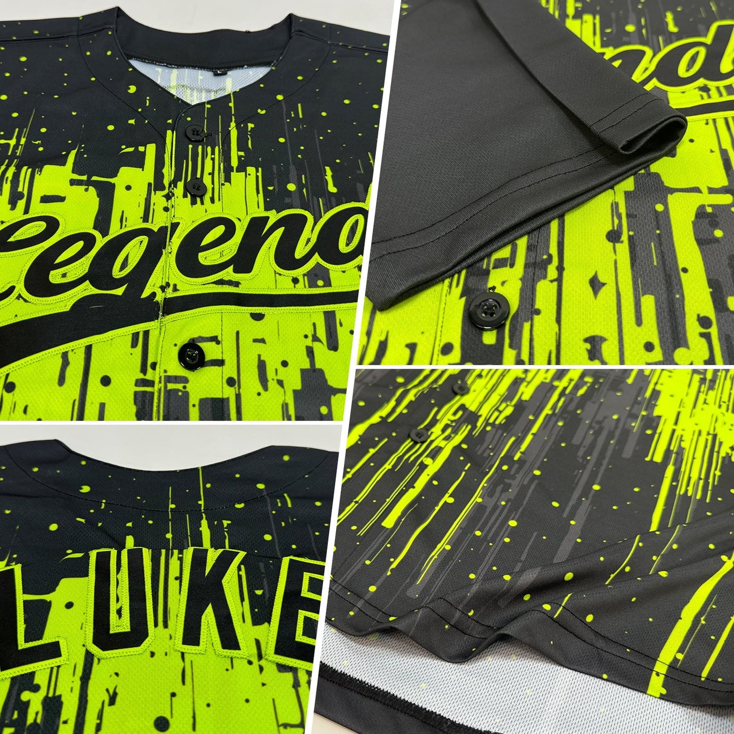 Custom Neon Green Black 3D Pattern Design Dripping Splatter Art Authentic Baseball Jersey baseball jersey product view 2