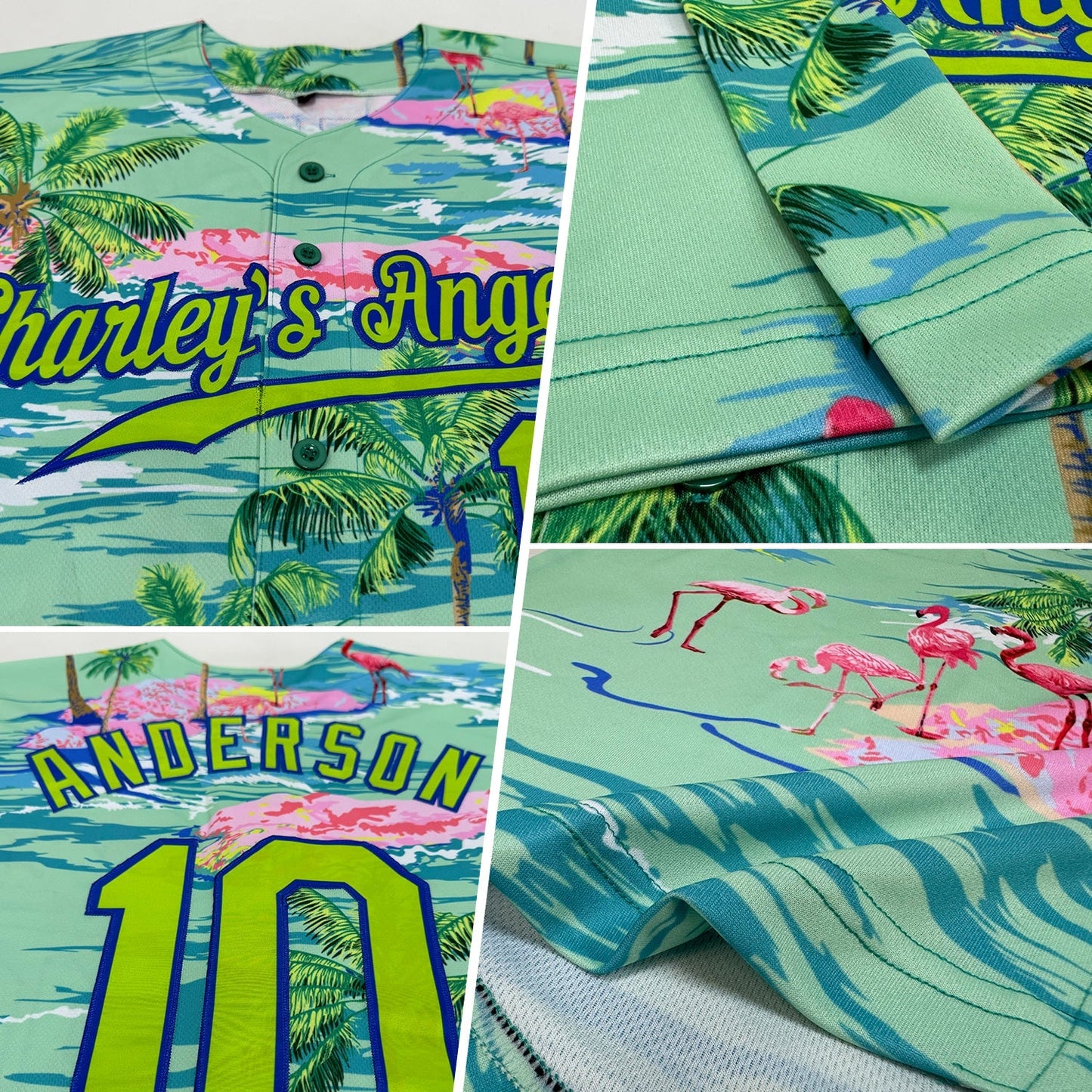 Custom Lakes Blue Neon Green-Royal 3D Pattern Design Beach Hawaii Palm Trees And Flamingo Authentic Baseball Jersey baseball jersey product view 2