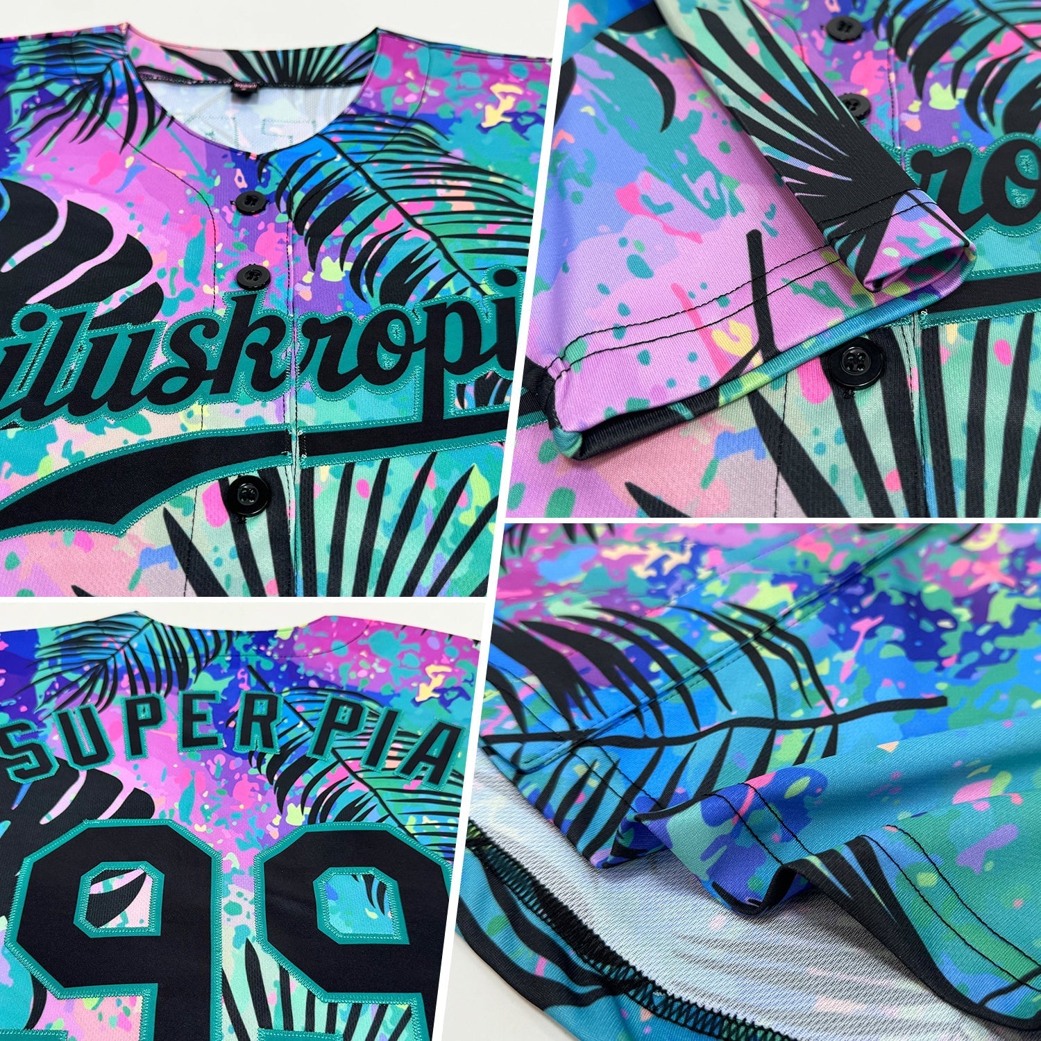Custom Teal Black 3D Pattern Design Hawaii Palm Leaves Authentic Baseball Jersey baseball jersey product view 2