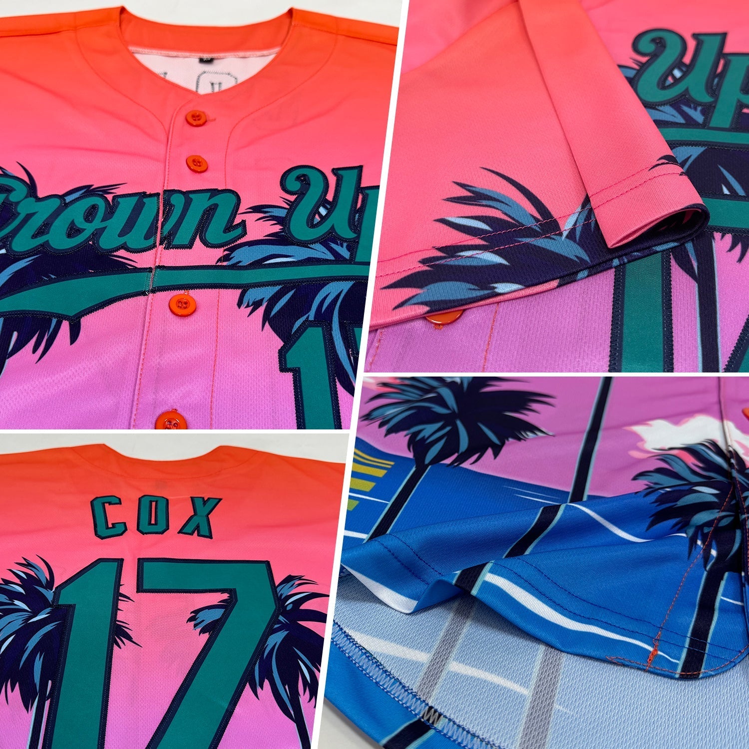 Custom Orange Teal-Navy 3D Pattern Design Sun Beach Hawaii Palm Trees Authentic Baseball Jersey baseball jersey product view 2