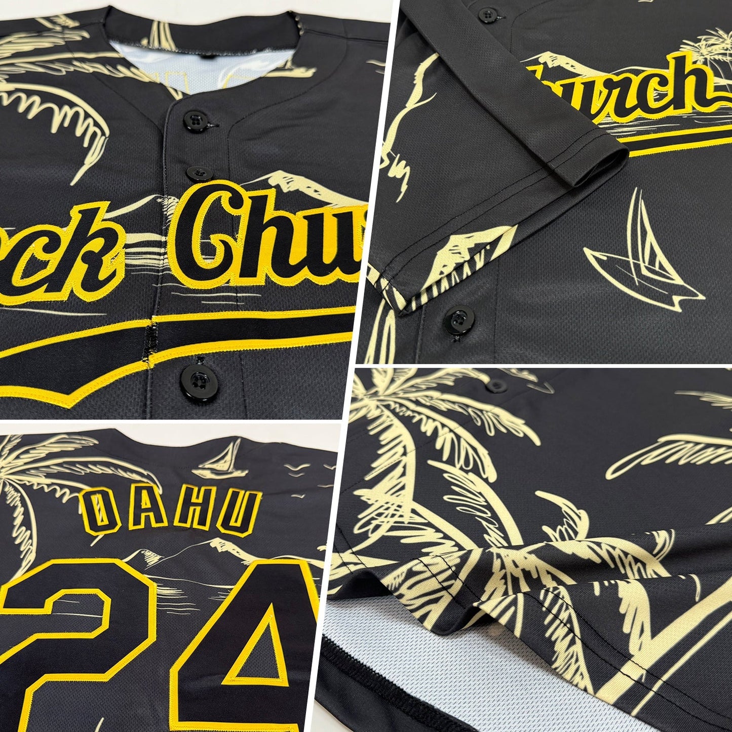 Custom Black Gold 3D Pattern Design Hawaii Palm Trees Island And Sailboat Authentic Baseball Jersey baseball jersey product view 2