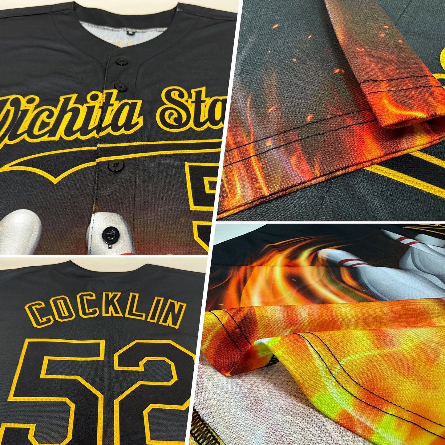 Custom Black Gold 3D Pattern Design Flame Bowling Authentic Baseball Jersey baseball jersey product view 2