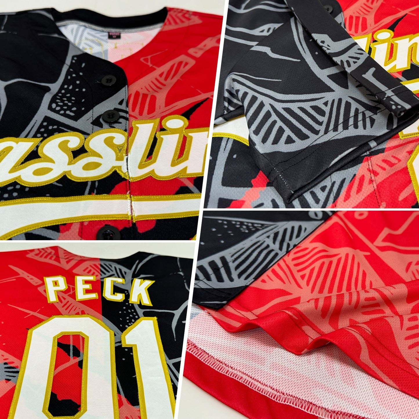Custom Graffiti Pattern White Red Black-Old Gold 3D Scratch Authentic Baseball Jersey baseball jersey product view 2