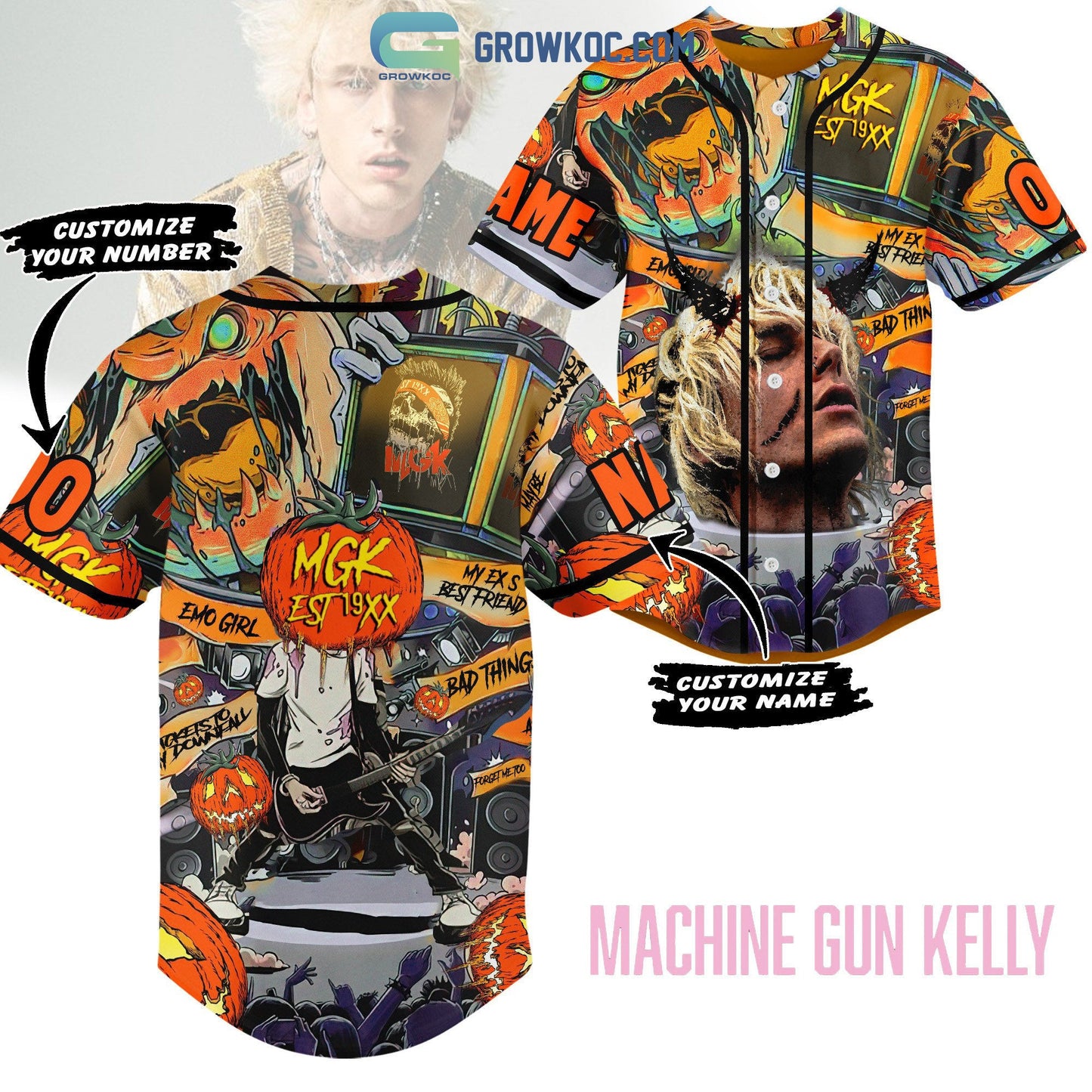 Machine Gun Kelly Halloween Pumpkin Personalized Baseball Jersey baseball jersey product view 1